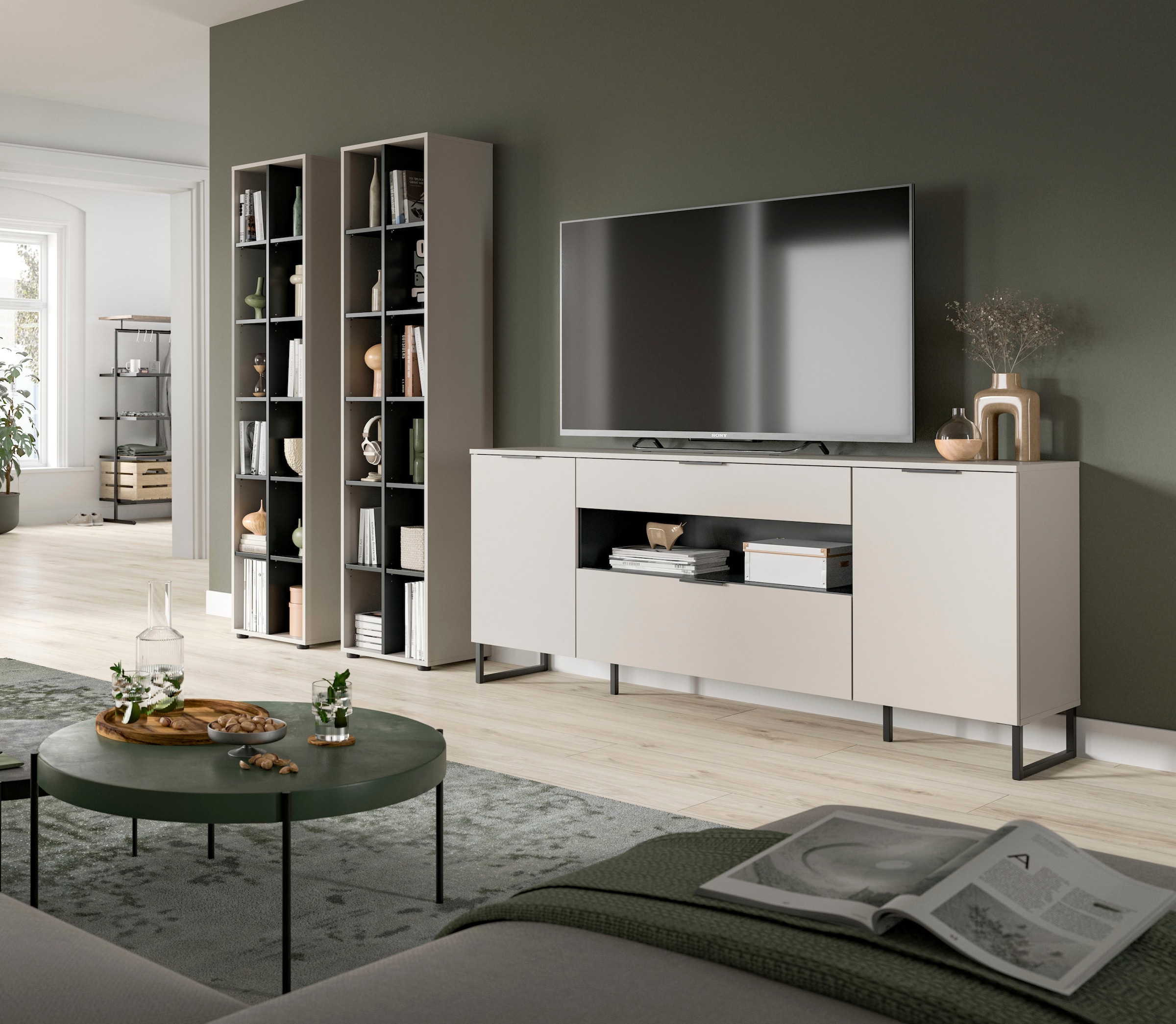Home affaire Wohnwand »ADIO, Breite 305 cm, 3-teiliges Set, mit Metall-Kufenfüße« Set, bestehend aus: 2x Standregal und Sideboard, 3 Stk. tlg.
