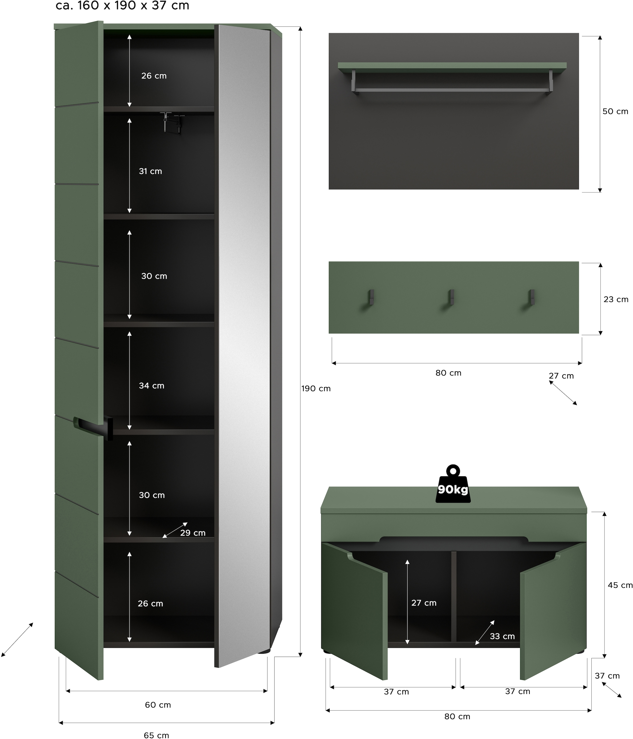 Home affaire Garderoben-Set »REHAT, TOPSELLER!, 4-teilig, Breite 160cm, individuell stellbar« bestehend aus: Garderobenschrank, Sitzbank, Paneel, Hakenleiste, 3 Stk. tlg.