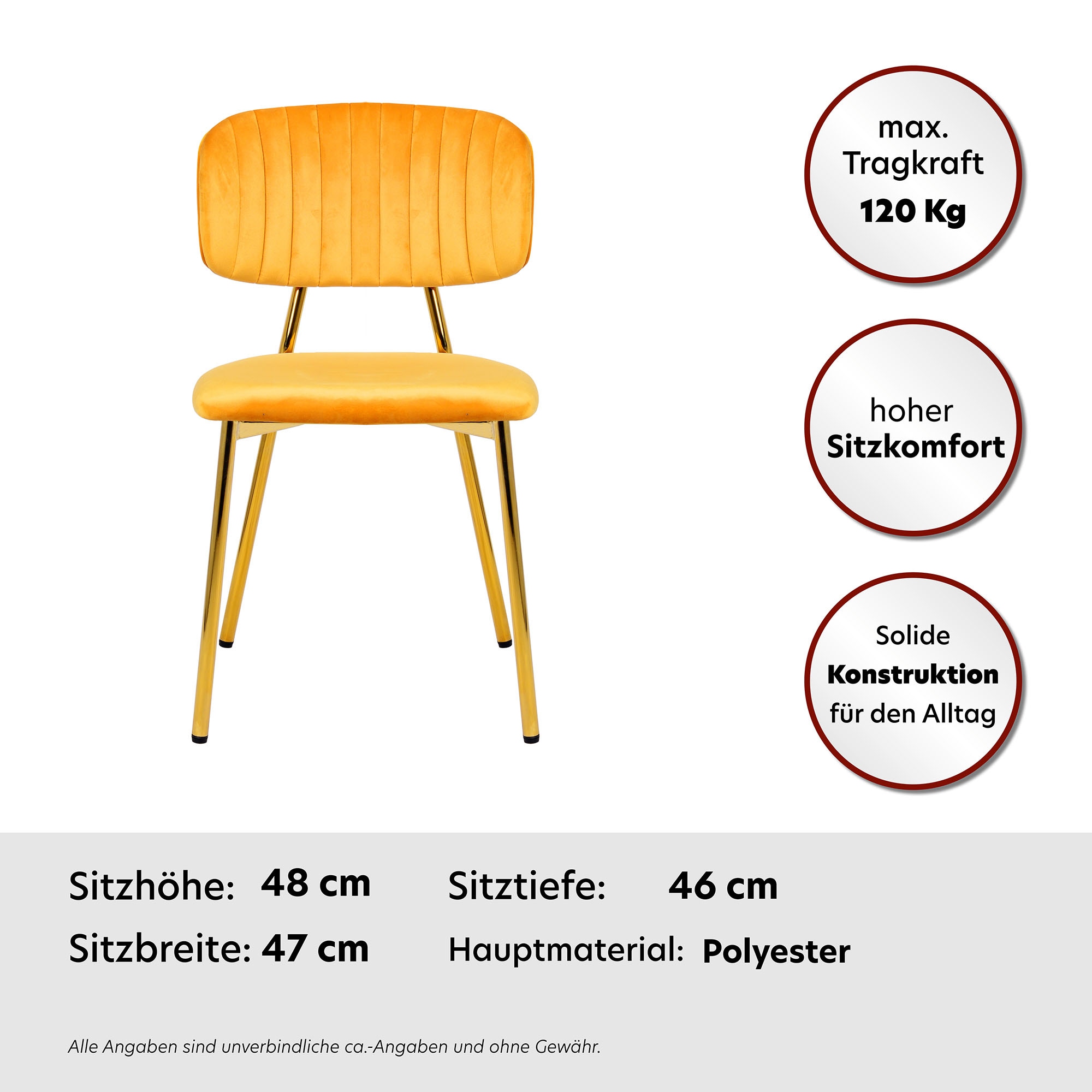Kayoom Polsterstuhl »Stuhl Giselle 125 2er-Set, pflegeleichter Samtbezug«, (Set), 2 St., mit Armlehnen, goldenes Gestell aus Edelstahl, Samtbezug, Ziernähte