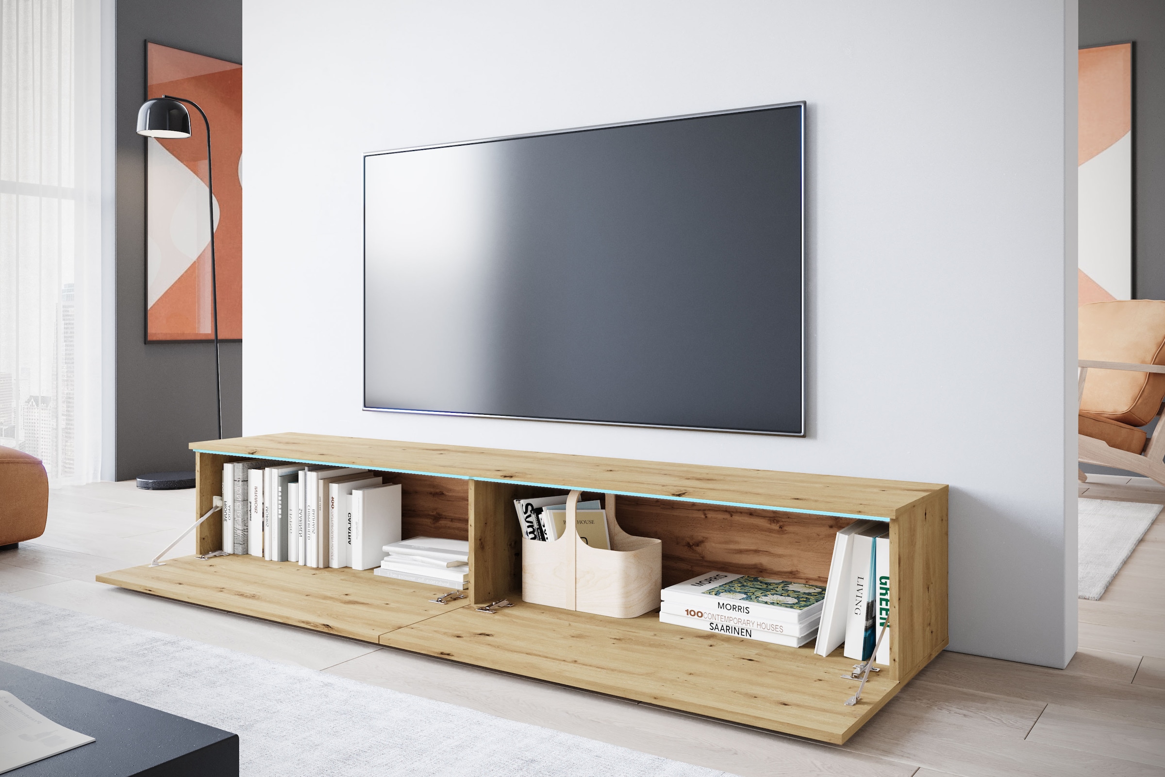 INOSIGN Lowboard »LOWBOARD VERA, wahlweise mit oder ohne Beleuchtung«, Modernes griffloses TV-Board, 180 cm TV-Schrank, stehend und hängend