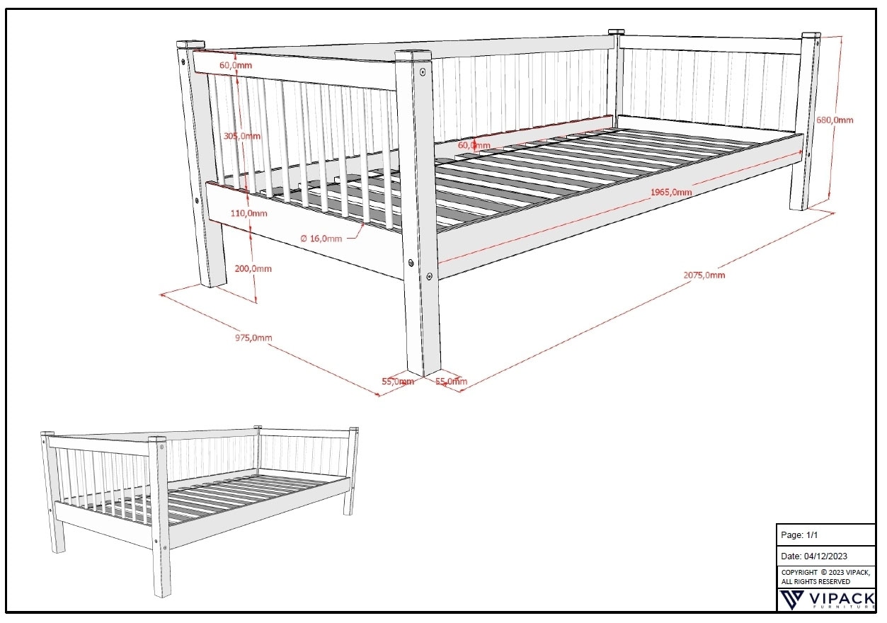 Vipack Daybett »Liegefläche 90 x 200 cm, inkl. Sprossenumrandung, zeitloses Design« Buche massiv, sehr stabil und standfest gebaut, inkl. Rolllattenrost,  die Bettschublade bietet Stauraum oder als Zusatzbett nutzbar