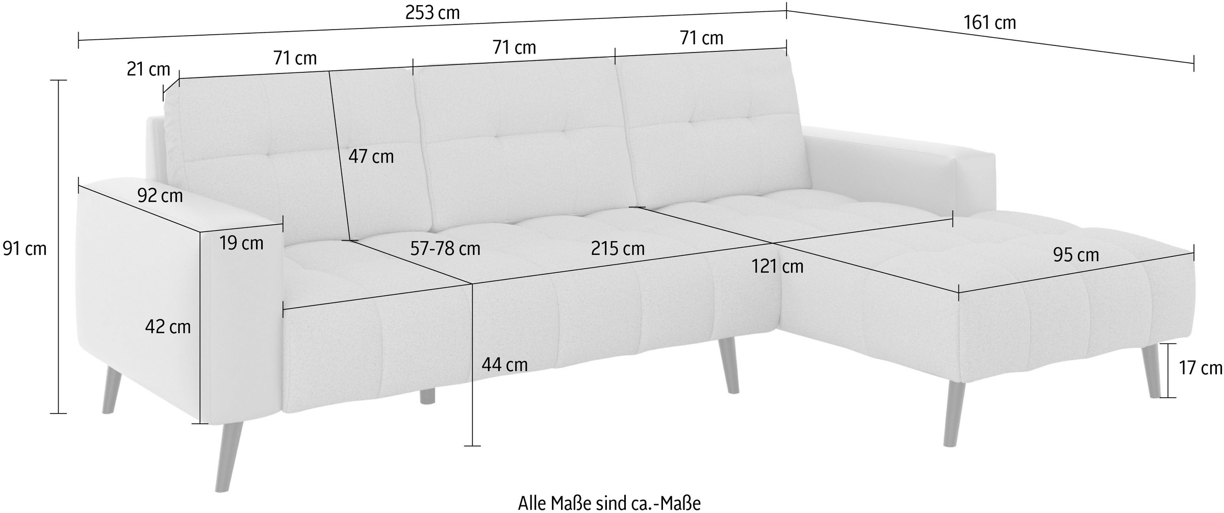 INOSIGN Ecksofa »SERINE mit Recamiere rechts/links bestellbar, Maße B/H/T 253/91/161 cm«, L-Form mit Wellenunterfederung, 3 Rückenkissen, ohne Bettfunktion