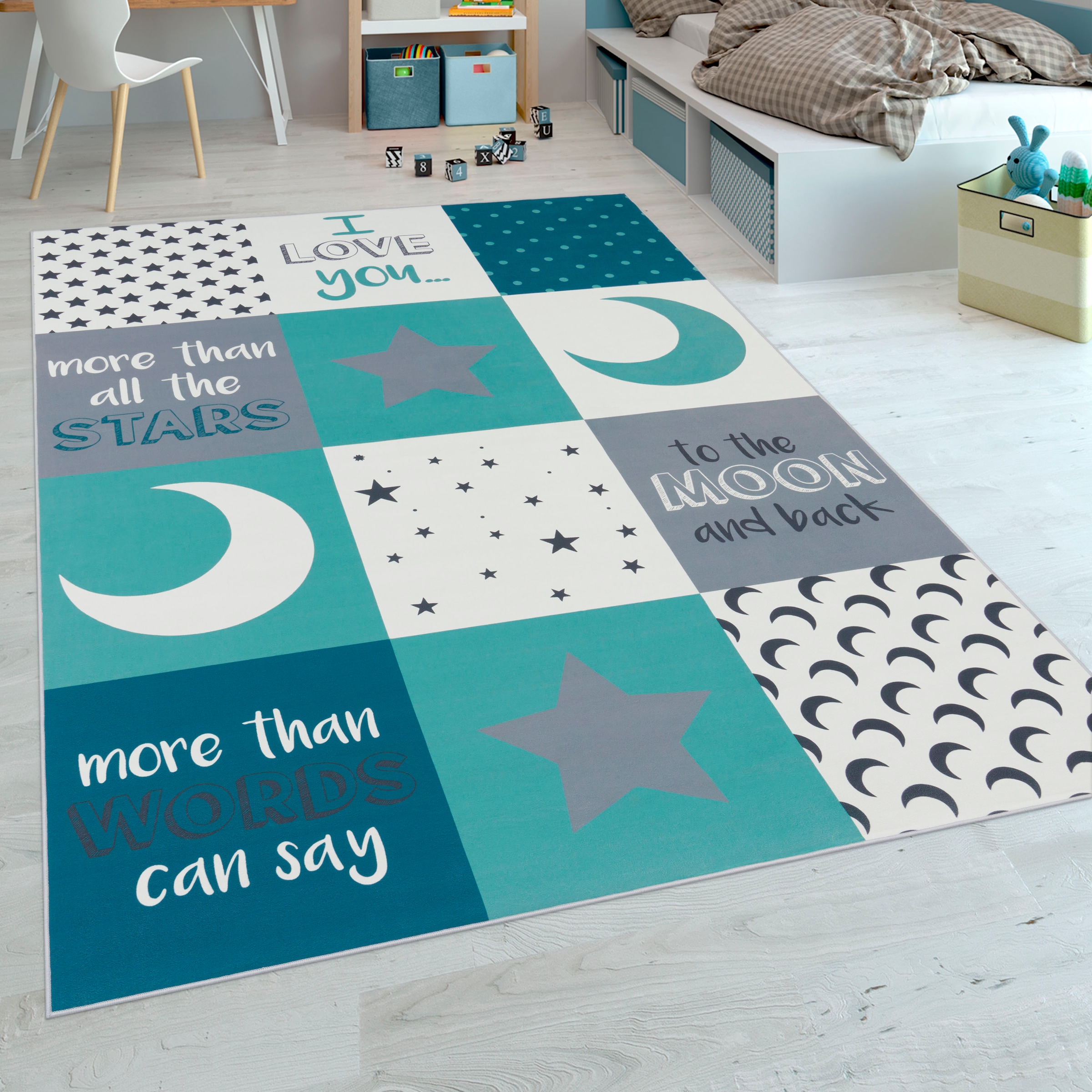 Paco Home Kinderteppich »Aleyna 101«, rechteckig, 6 mm Höhe, Kurzflor, Kinder Design, Motiv Mond & Sterne, Kinderzimmer