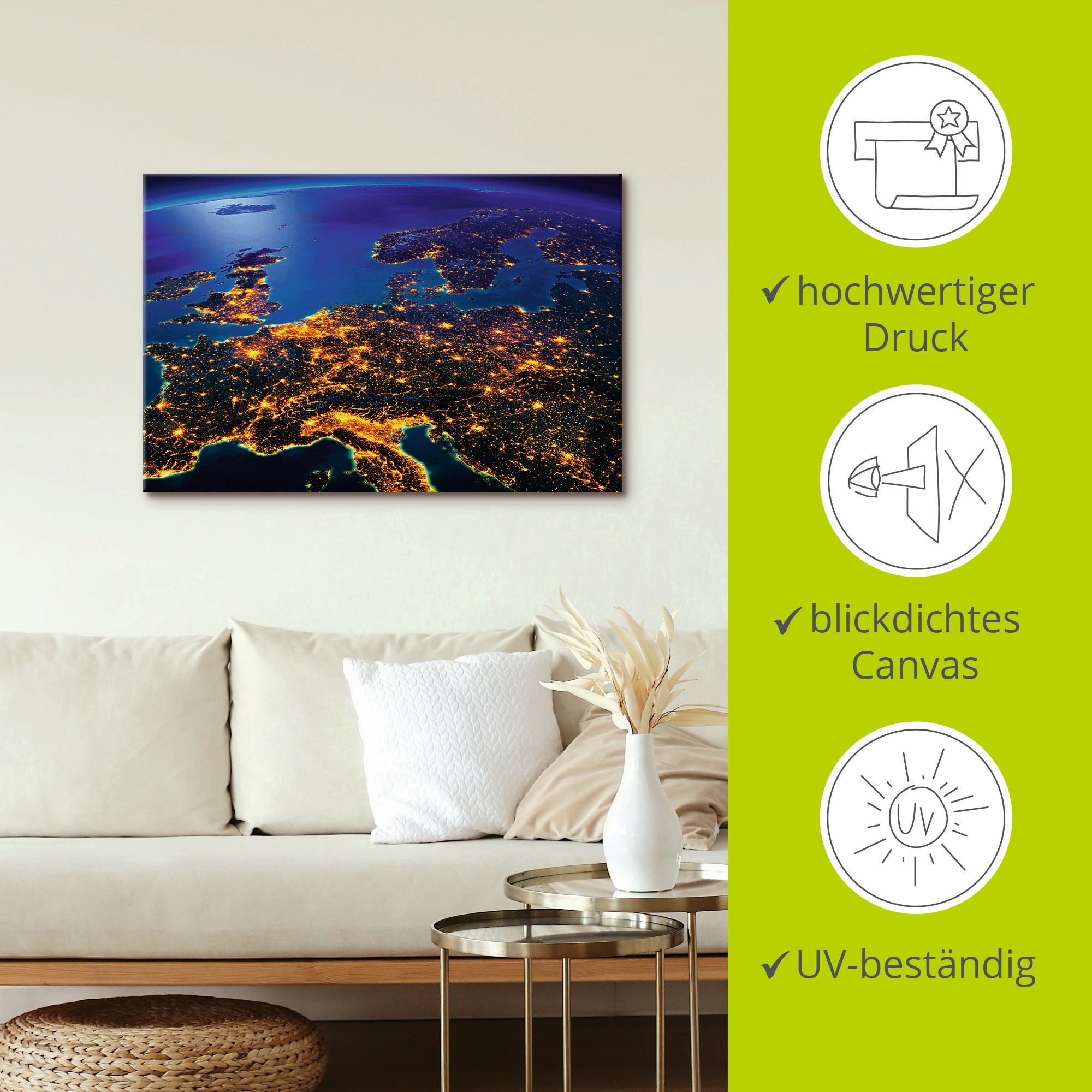 Artland Wandbild »Zentral Europa vom Weltraum«, Weltall & Kosmos, (1 St.), als Alubild, Outdoorbild, Leinwandbild, Poster, Wandaufkleber