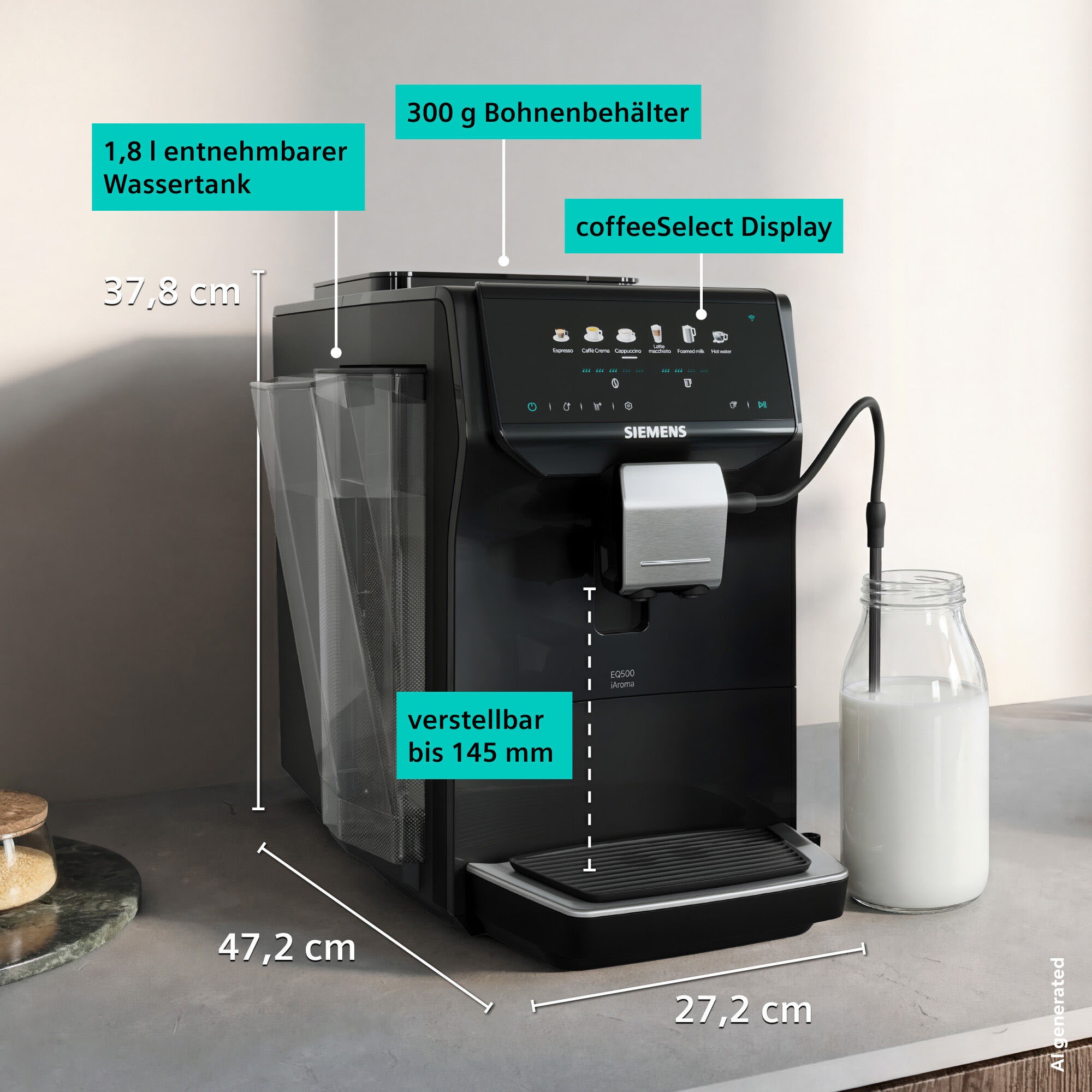 SIEMENS Kaffeevollautomat »EQ500 TP551E07, Doppeltassenfunktion, 6 Getränke, einfache Reinigung« mit Milchschlauch, Keramikmahlwerk, entnehmbare Brüheinheit, Schwarz