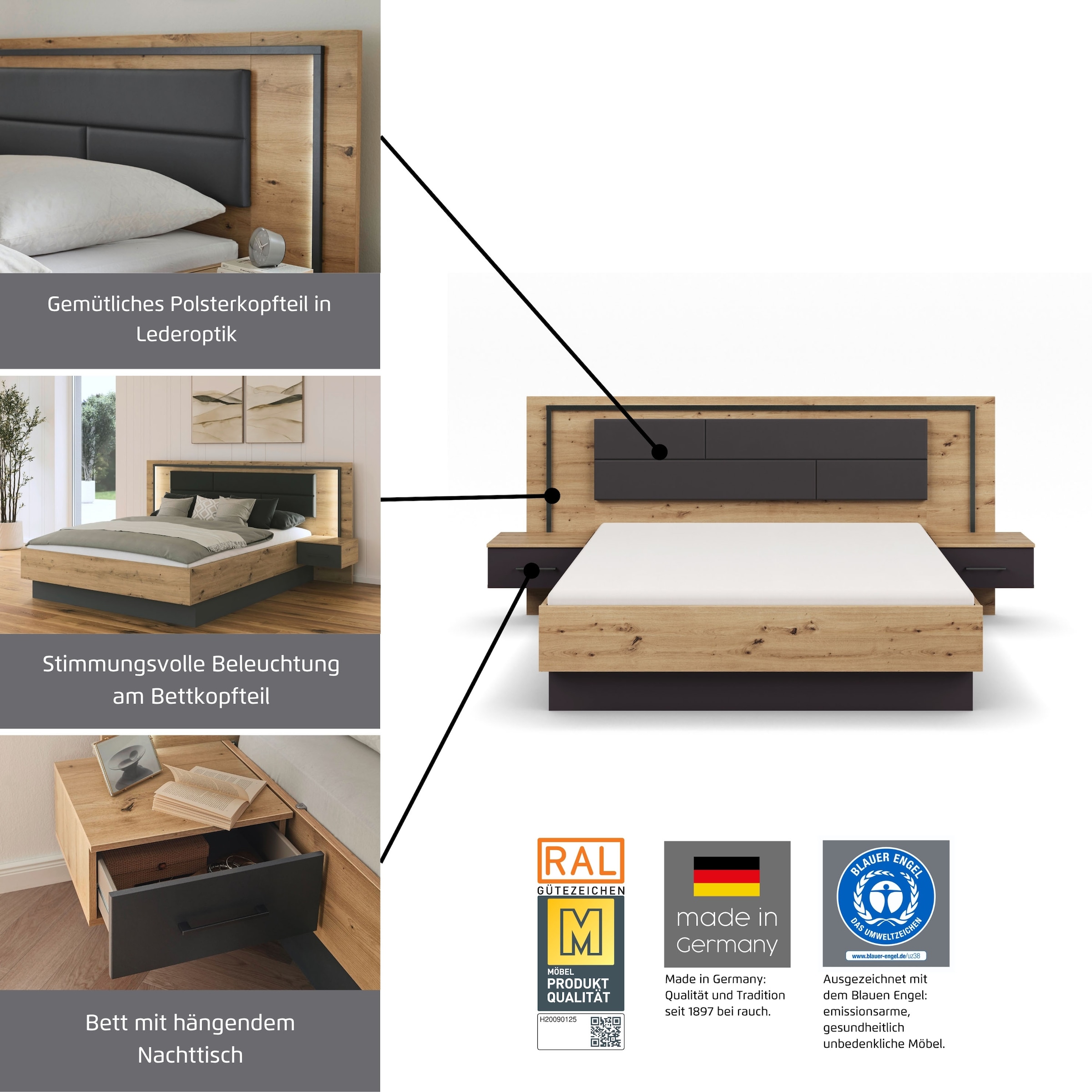 rauch »Bett Doppelbett Komortbett BILBAO-EXTRA« Set, Liegefläche 160x200 oder 180x200 cm, 3 tlg. tlg. Polster-Kopfteil in Lederoptik basalt, mit Beleuchtung MADE IN GERMANY