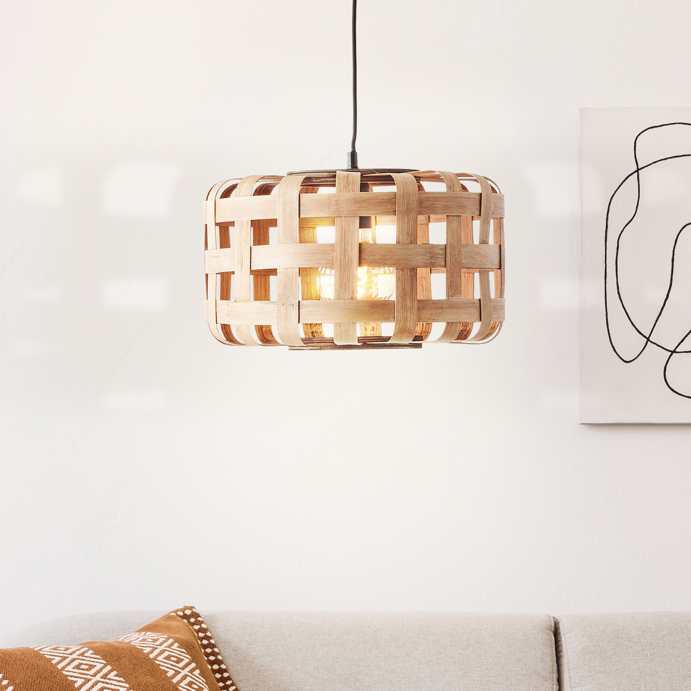 Brilliant Pendelleuchte »Woodline«, 1 flammig, Leuchtmittel E27 | ohne Leuchtmittel, 148 x 36 cm, 1 x E27, kürzbar, Schirm aus Bambus, natur/schwarz