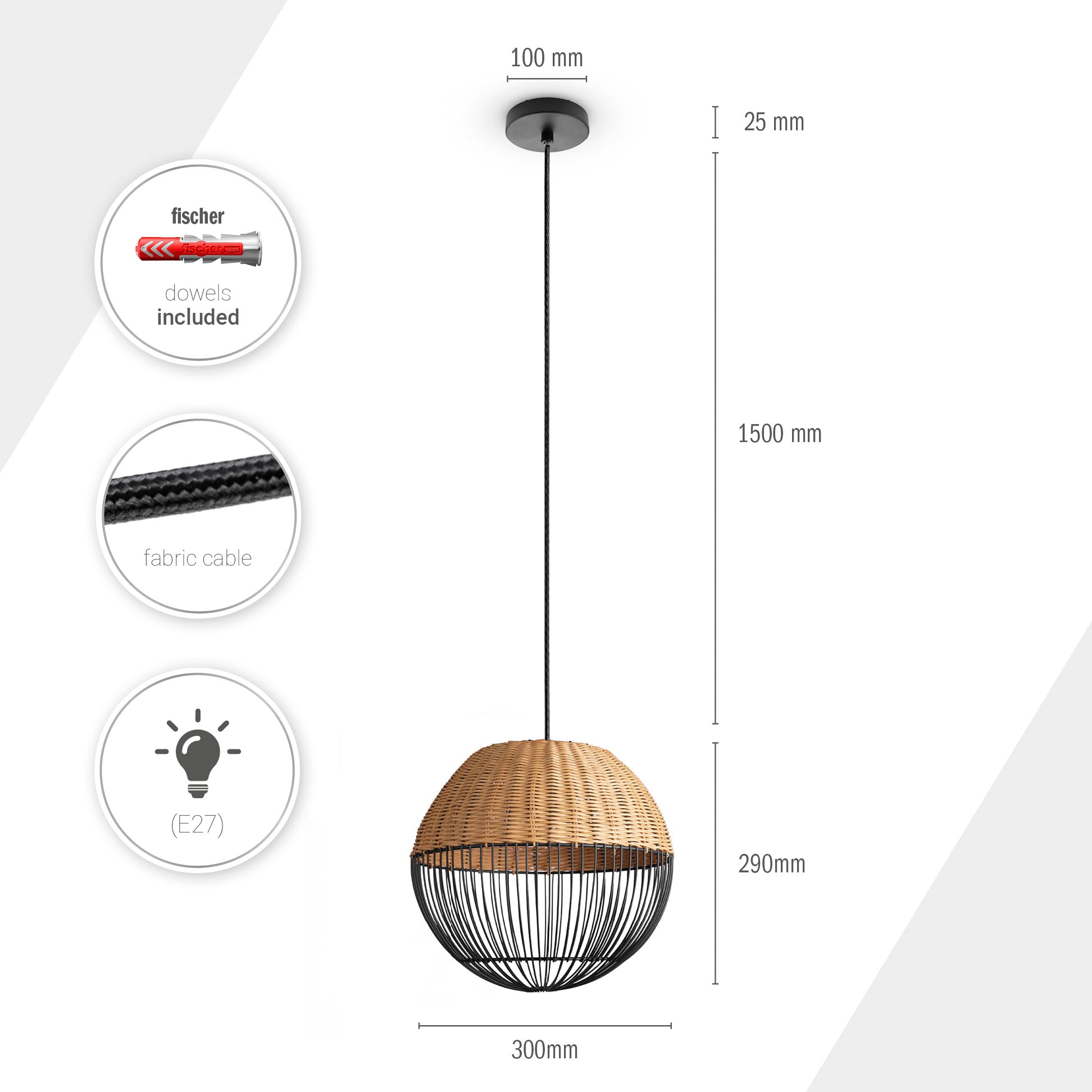»PURO«, Home kaufen 3 Rund Garantie online Rattanlampe mit Korb Paco LED | Jahren Boho E27 Natur Pendelleuchte XXL Lampe Vintage