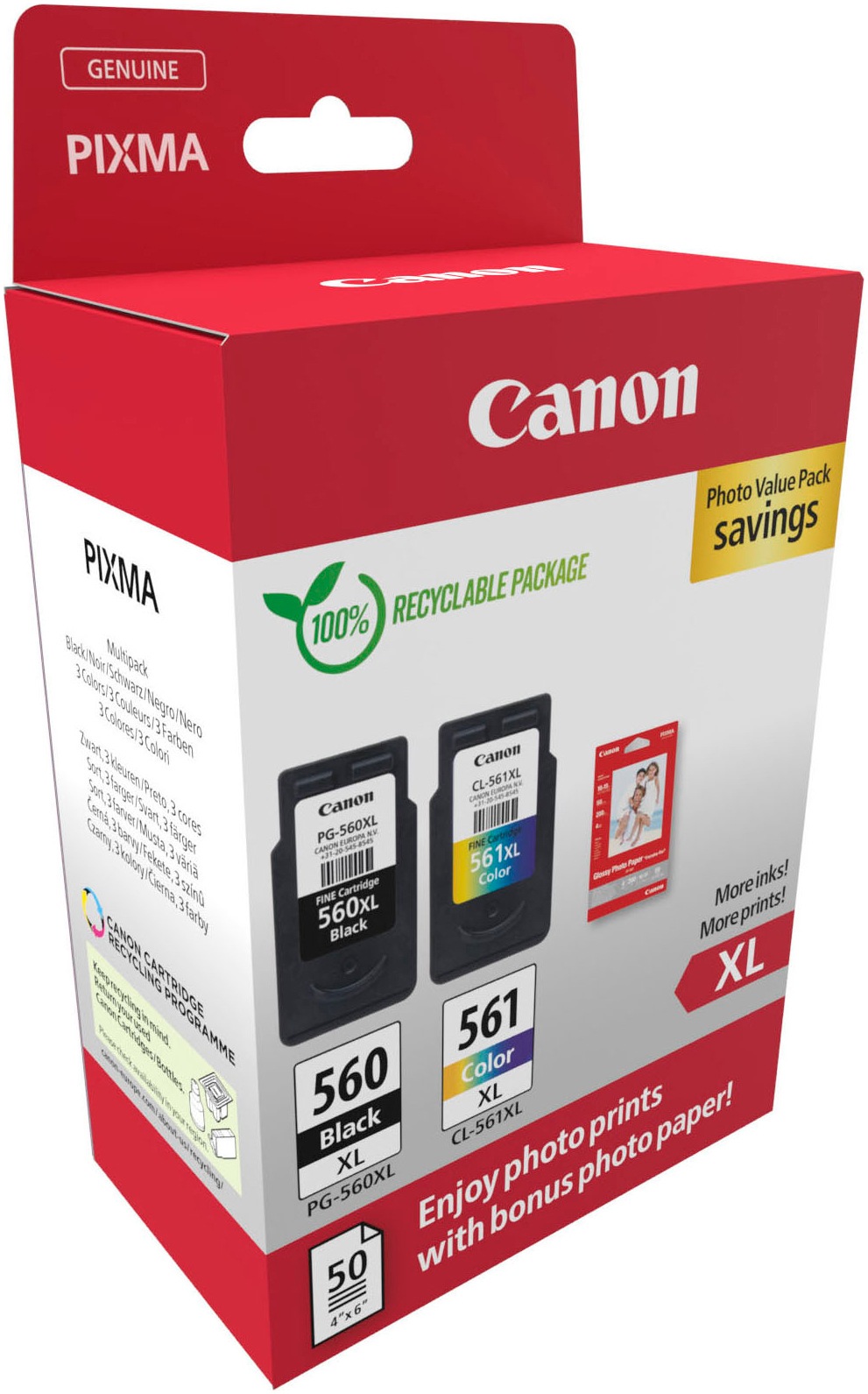 Canon Tintenpatrone »PG-560XL Schwarz und CL-561XL Farbe + Fotopapier Vorteilspack«, (Packung)