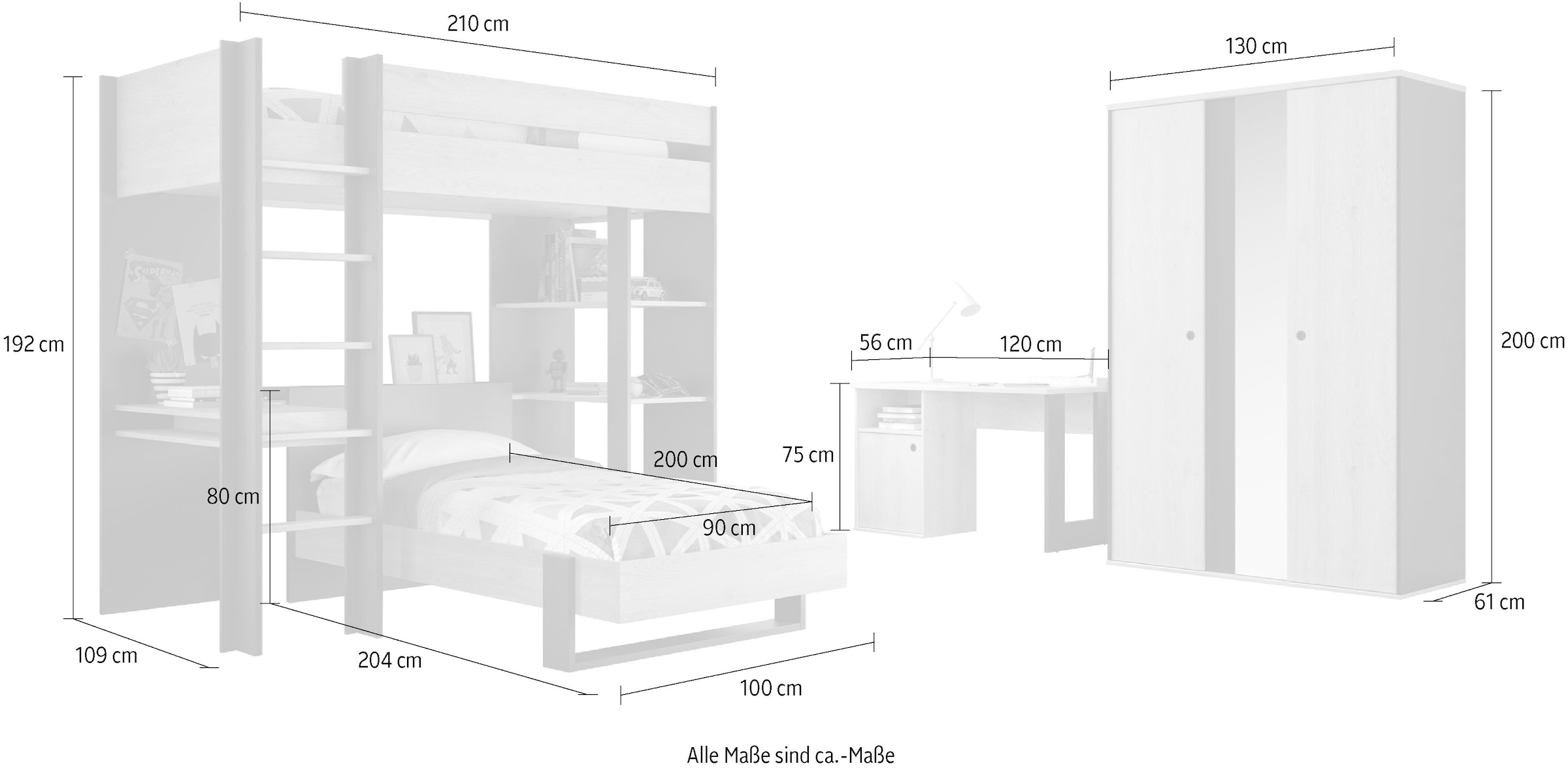 Gami Jugendzimmer-Set »Duplex«, (4 tlg., Bett, Kleiderschrank, Schreibtisch, Hochbett)