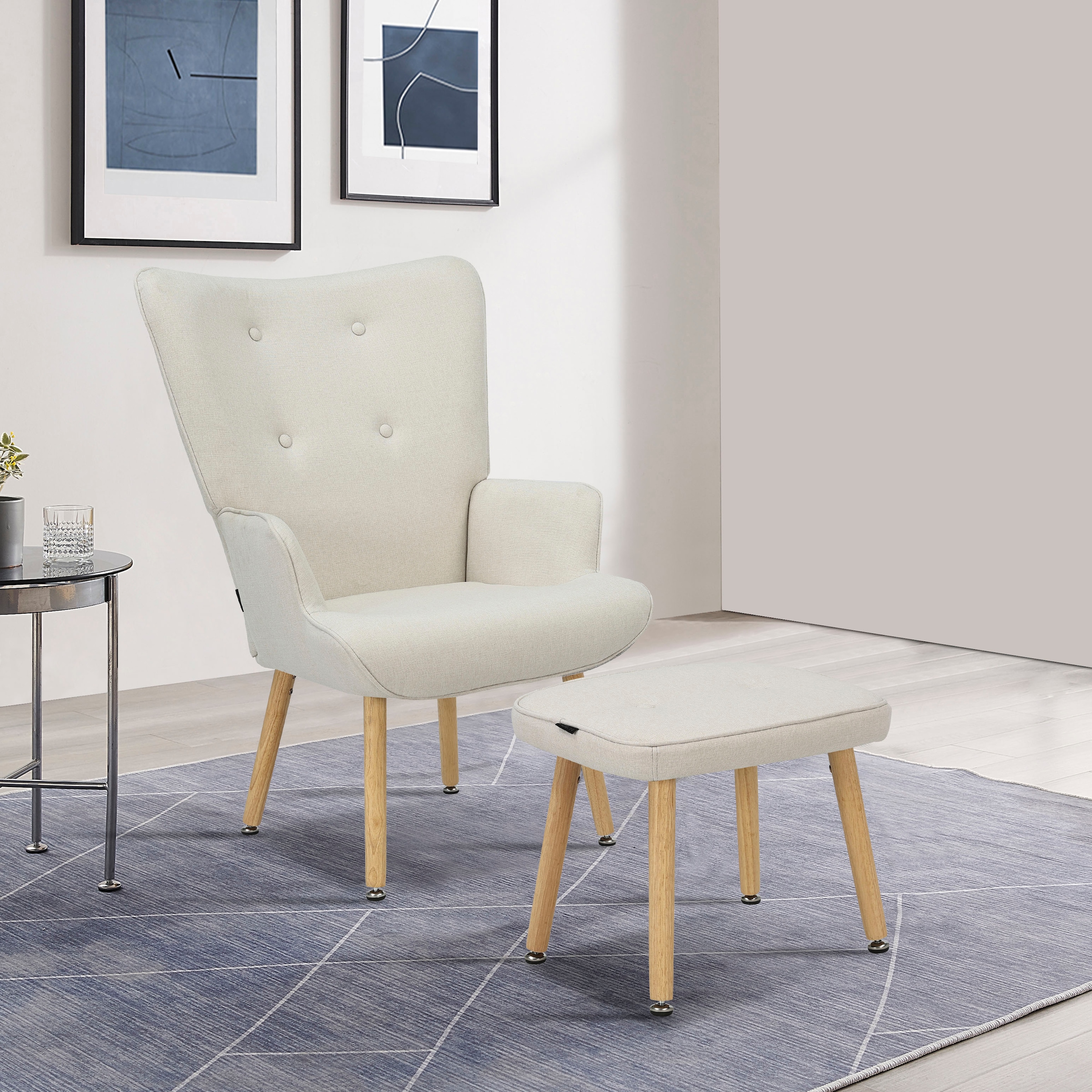 INOSIGN Ohrensessel »PERHAM, Sessel mit Hocker im Set, Knopfheftung, Massivholz-Füße,«, komfortabler Relaxsessel und Sitz-Hocker mit Strukturbezug