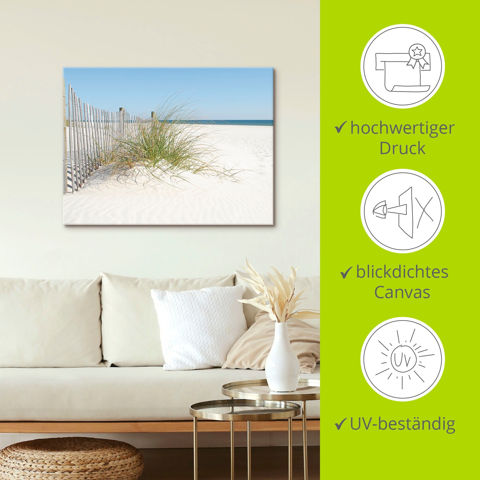 Artland Wandbild »Schöne Sanddüne mit Gräsern und Zaun« Strand 1 Stk. tlg. als Leinwandbild, Poster in verschied. Größen
