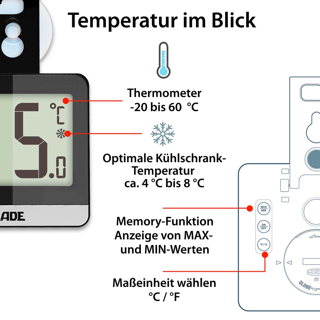 ADE Kühlschrankthermometer »WS1832«, mit Saugnapf, Magnet, Haken