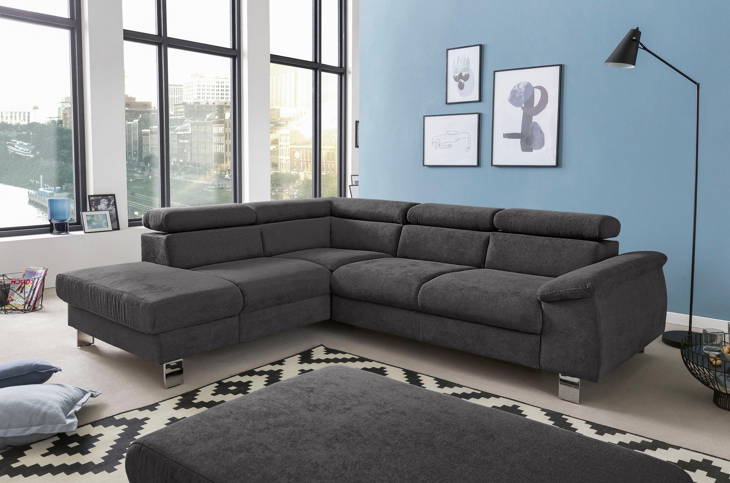 COTTA Ecksofa »Komaris L-Form mit Kopfteilverstellung«, wahlweise mit Bettfunktion, Bettkasten & Beleuchtung