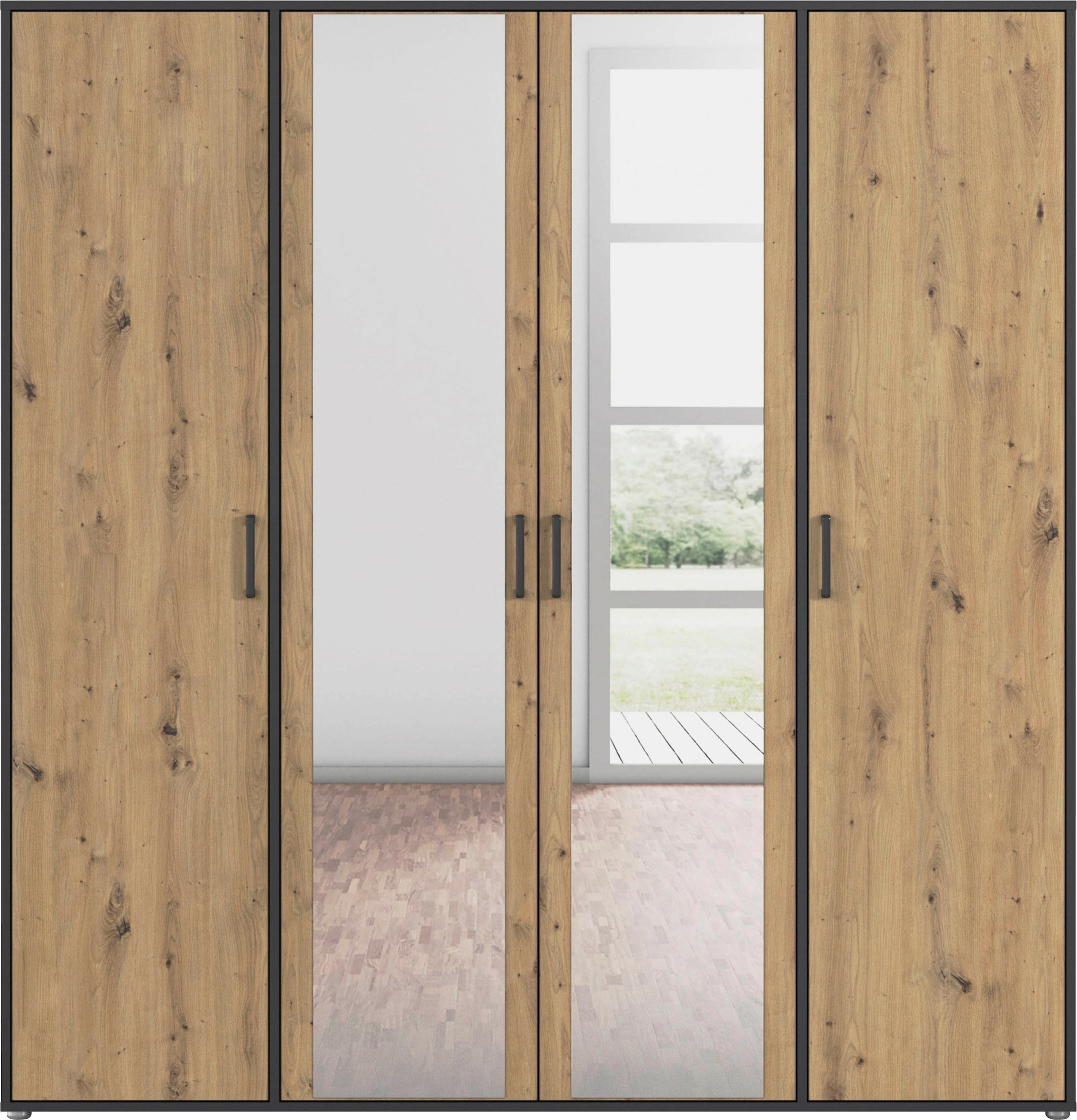 rauch Drehtürenschrank »Kleiderschrank Schrank Garderobe Wäscheschrank VOYAGER«, (in 3 verschiedenen Ausstattungen BASIC/CLASSIC/PREMIUM), mit modernen Griffen in Graumetallic und Spiegel