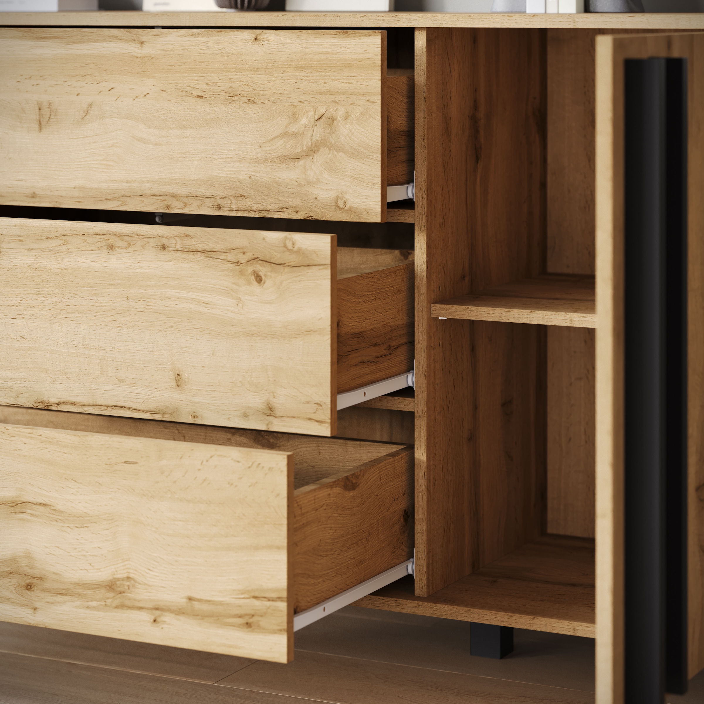 Home affaire Sideboard »Helsinki, Kommode mit 2 Türen und 3 Schubladen, Breite 150 cm« 1 Stk. tlg. Push-to-Open-Schubladen, höhenverstellbare Einlegeböden