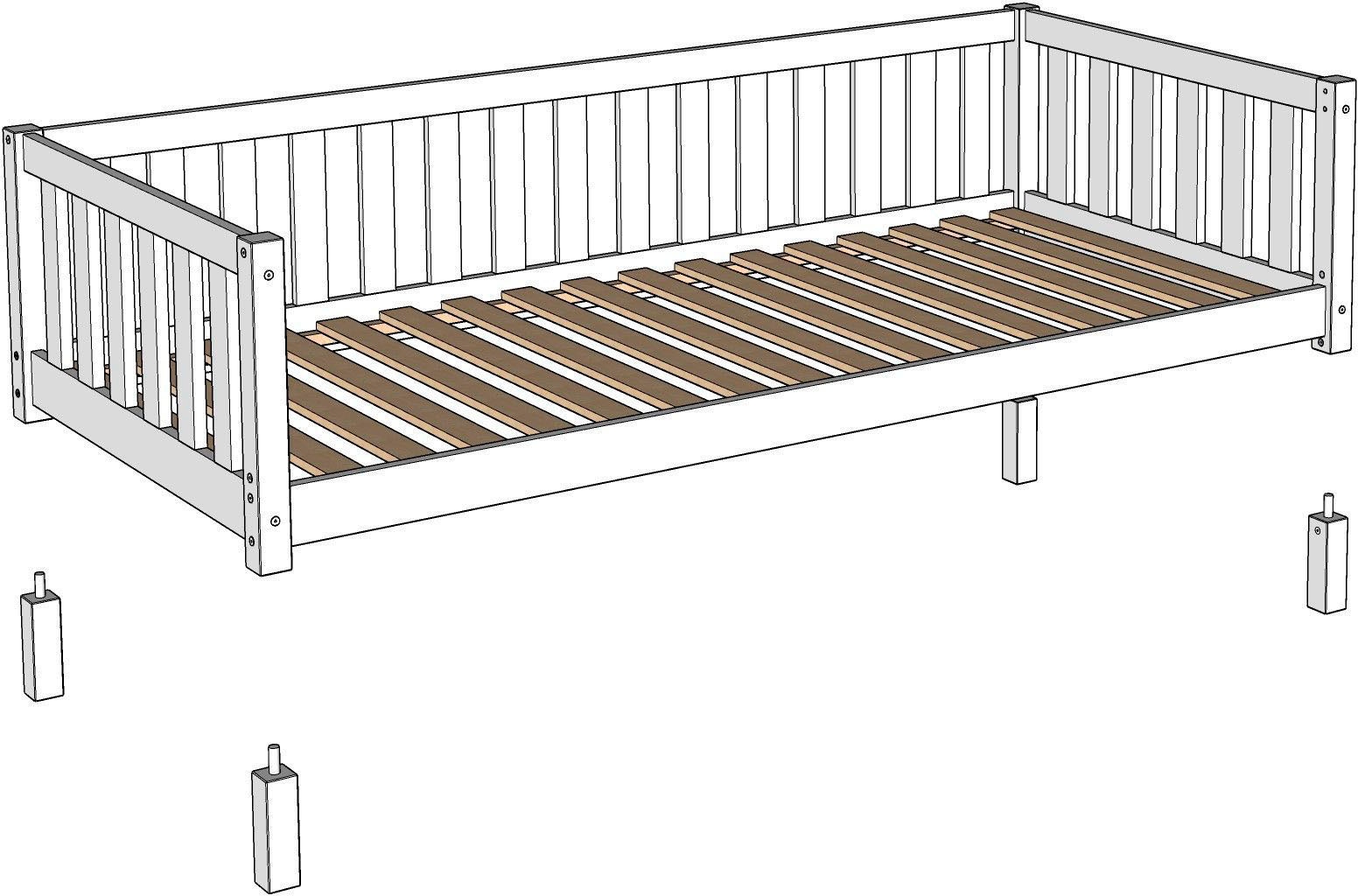 Vipack Kinderbett »Dallas, massiv Bett, Rausfallschutz, umbaubar vom Boden- zum Daybett« inkl. Rolllattenrost und Sprossenumrandung, 90 oder 140x200 cm breit,  stabil und standfest gebaut, wahlweise Kiefer massiv natur oder weiß