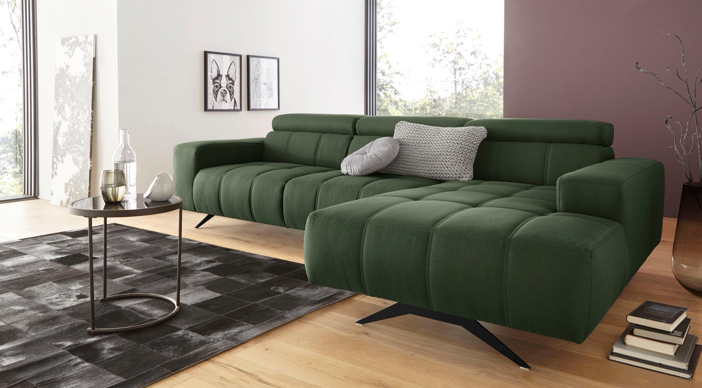 DOMO collection Ecksofa »Trento L-Form, mit Kufenfuß oder Einzelfuß« whlw. verstellbare Kopfteile, passend für gängige Saugroboter
