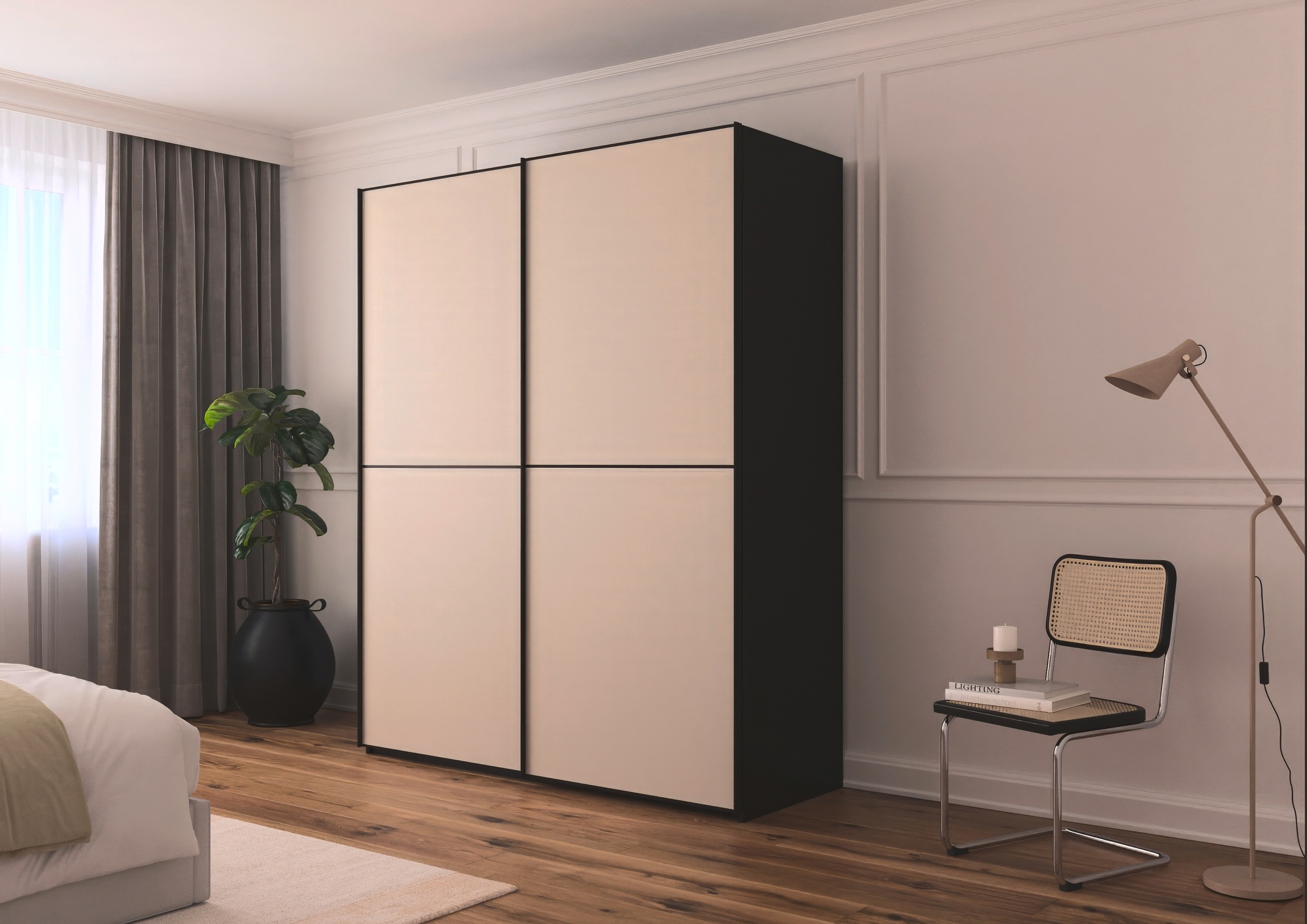 rauch Schwebetürenschrank »Kleiderschrank Schrank Garderobe Schlafzimmerschrank SCALE-DUO«, edle zweigeteilte Türen Glas-Front mit 3 Zierleisten MADE IN GERMANY