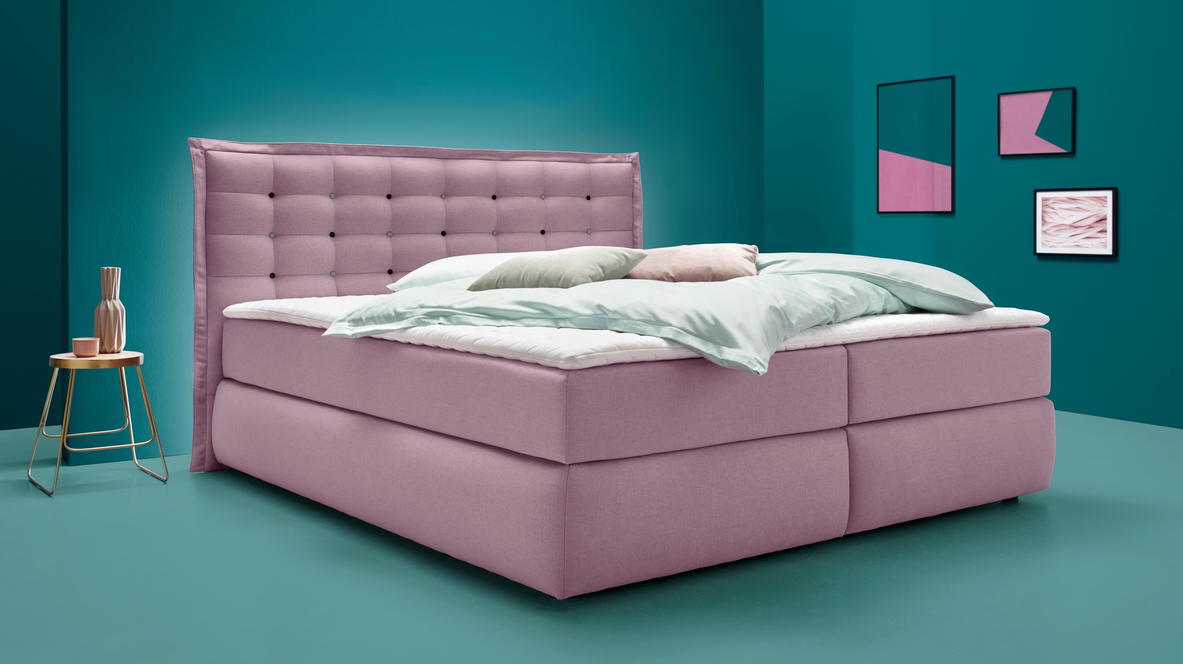 INOSIGN Boxspringbett »Sagres«, Kopfteil mit 2farbiger Flatterbiese und zweifarbigen Knöpfen