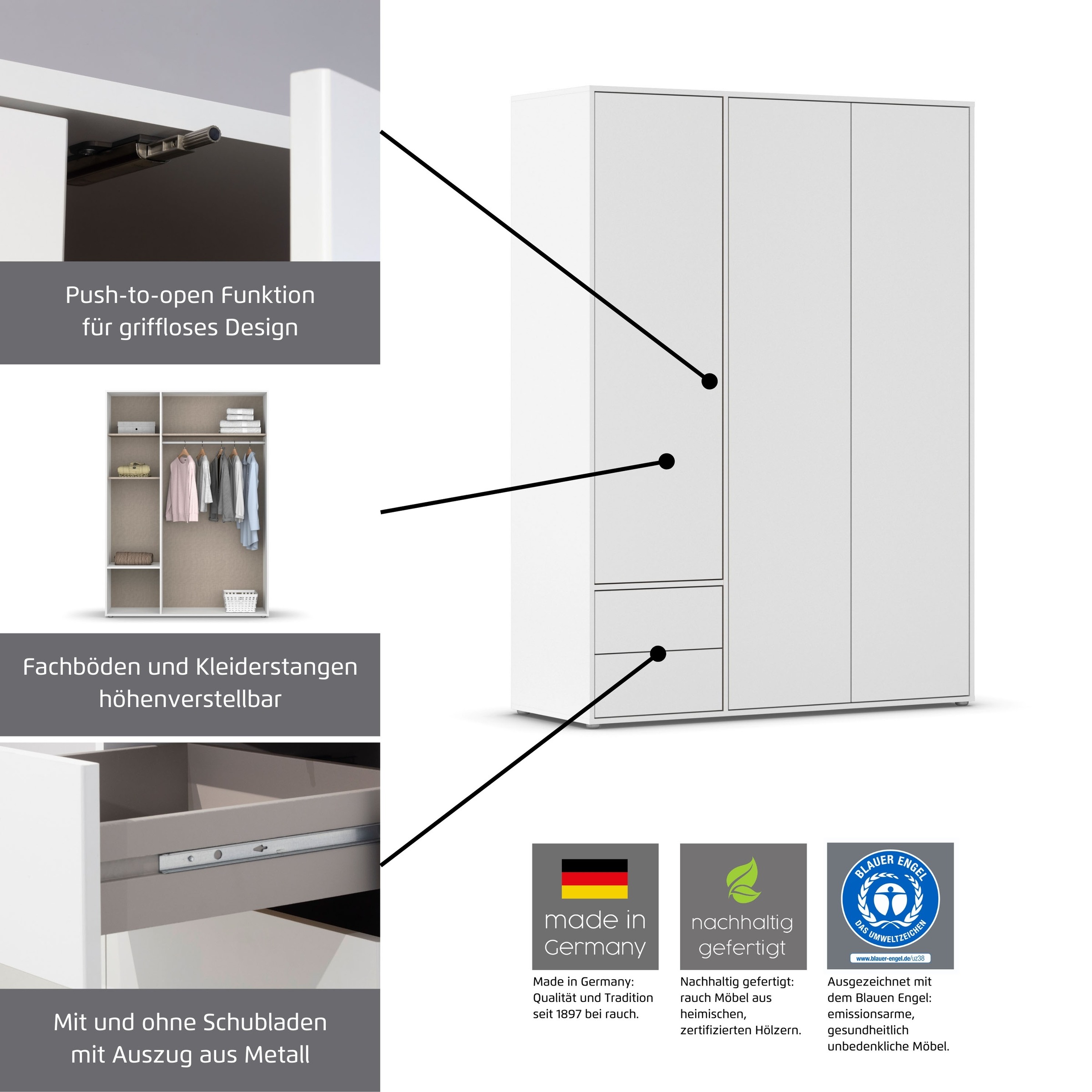 rauch Drehtürenschrank »Kleiderschrank Schrank Garderobe Wäscheschrank NABILA viel Stauraum«, (in 3 verschiedenen Ausstattungen BASIC/CLASSIC/PREMIUM), in 2 Breiten mit Push-to-Open Funktion TOPSELLER MADE IN GERMANY