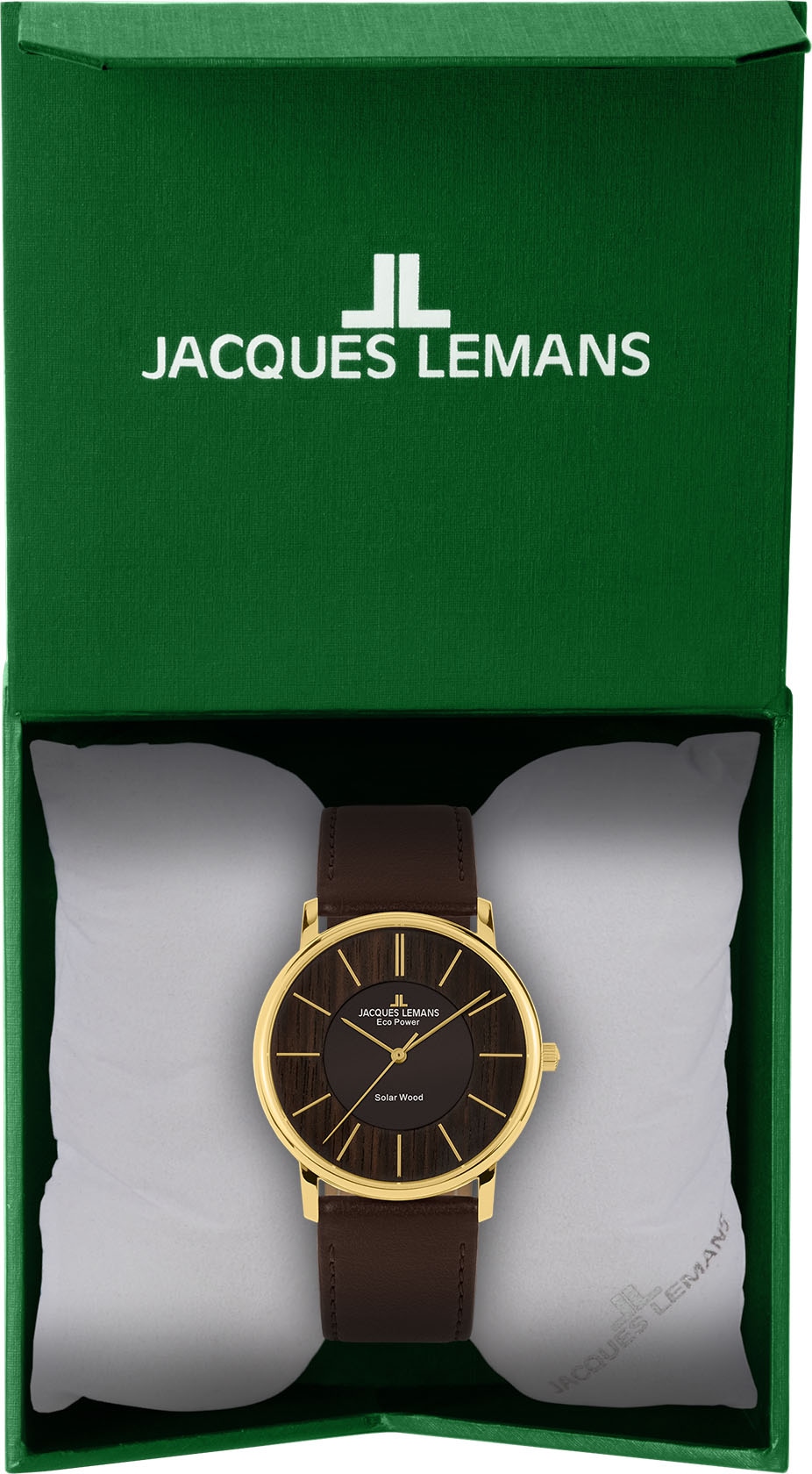 Jacques Lemans Solaruhr »Eco Power Solar Wood, 1-2105B«, Armbanduhr, Holz-Zifferblatt, Armband aus veganem Apfelleder