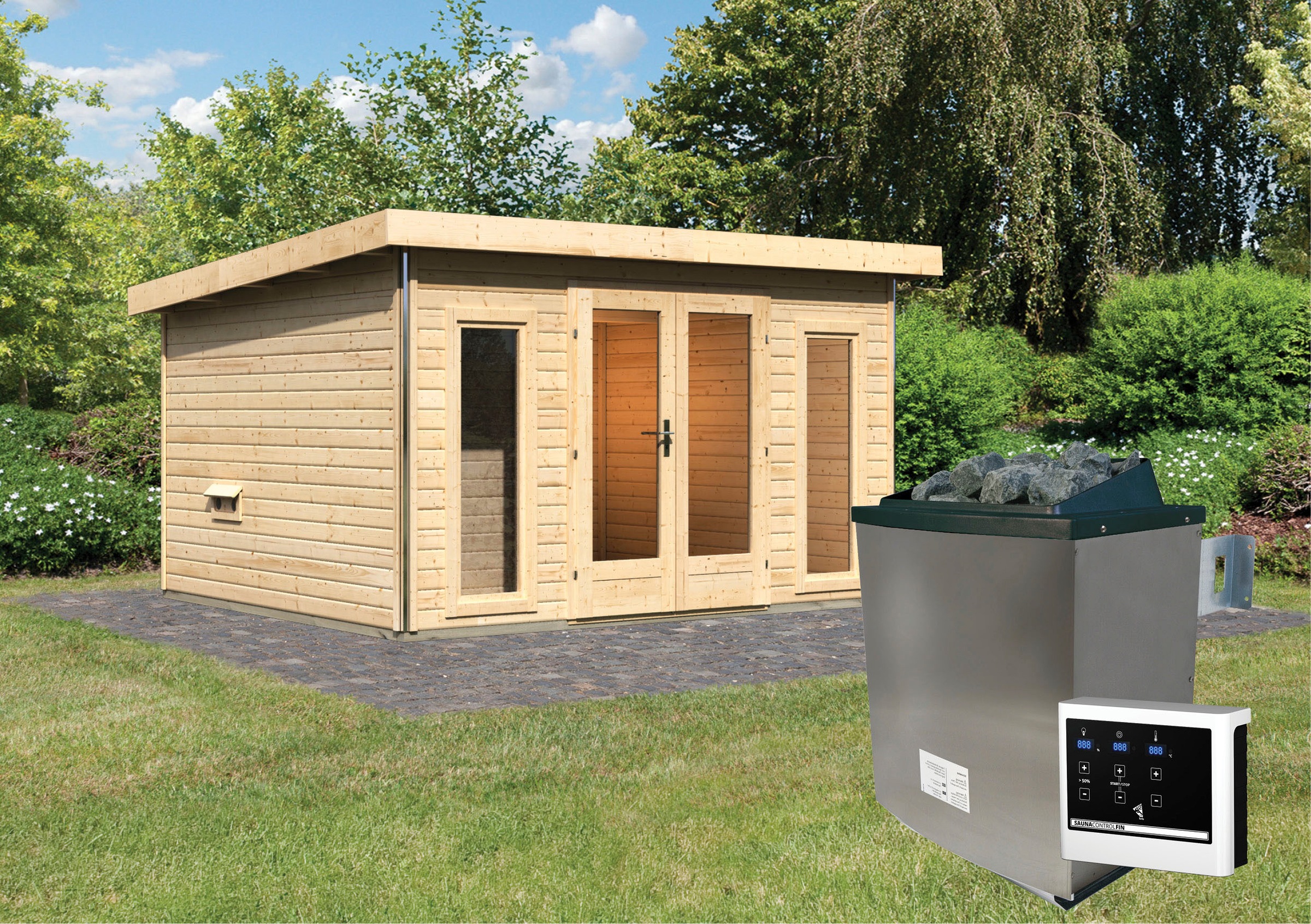 Karibu Saunahaus »Maiko 2A« Set,  Ofen 9 KW externe Strg easy
