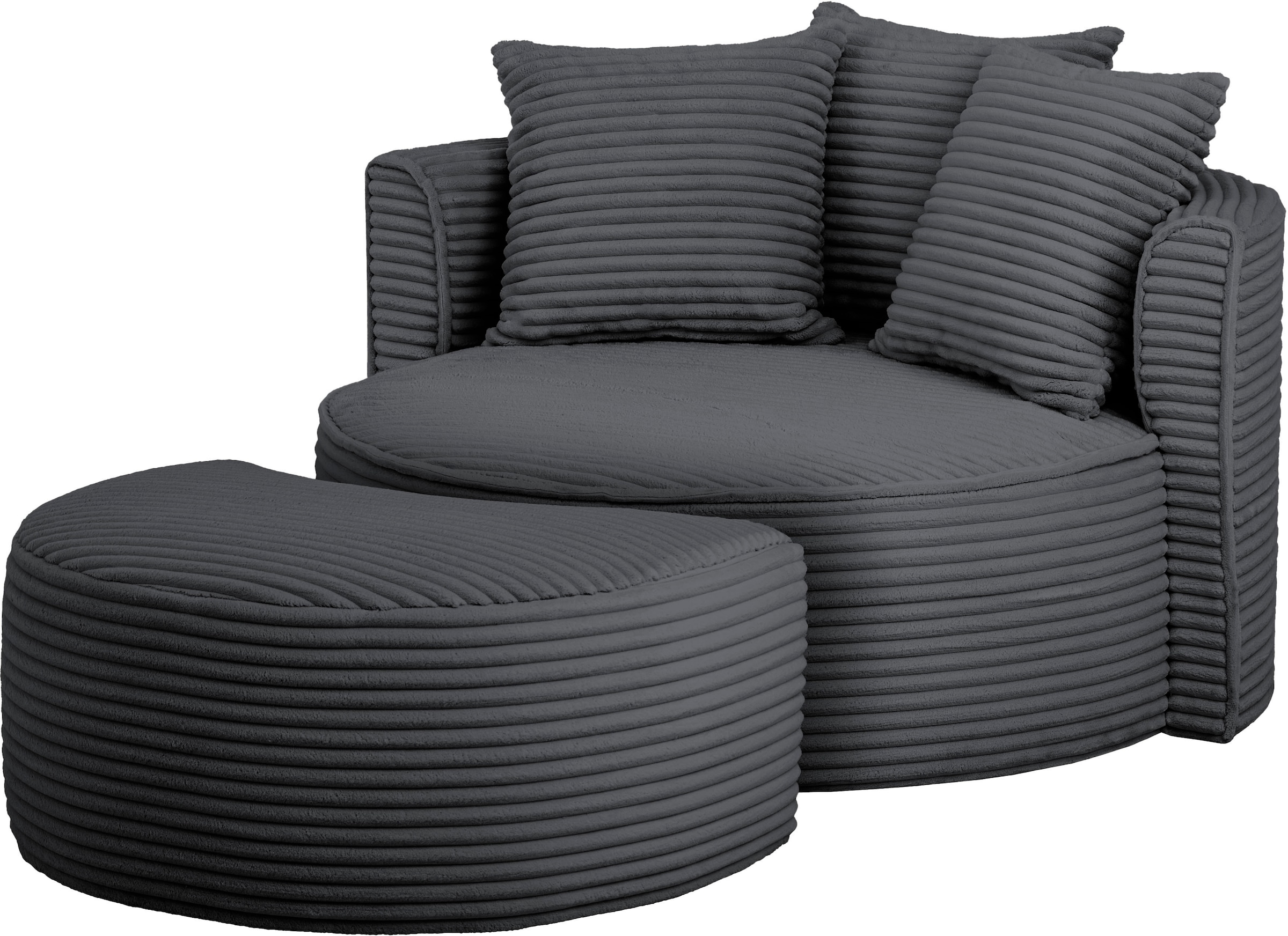 LeGer Home by Lena Gercke XXL-Sessel »ISALIE, Rundsessel mit Hocker, Lesesessel, Loveseat, Big-Sessel«, (Set), trendige Stoffe, 3 Zierkissen, große Sitzfläche, Cord, Samt, Bouclé