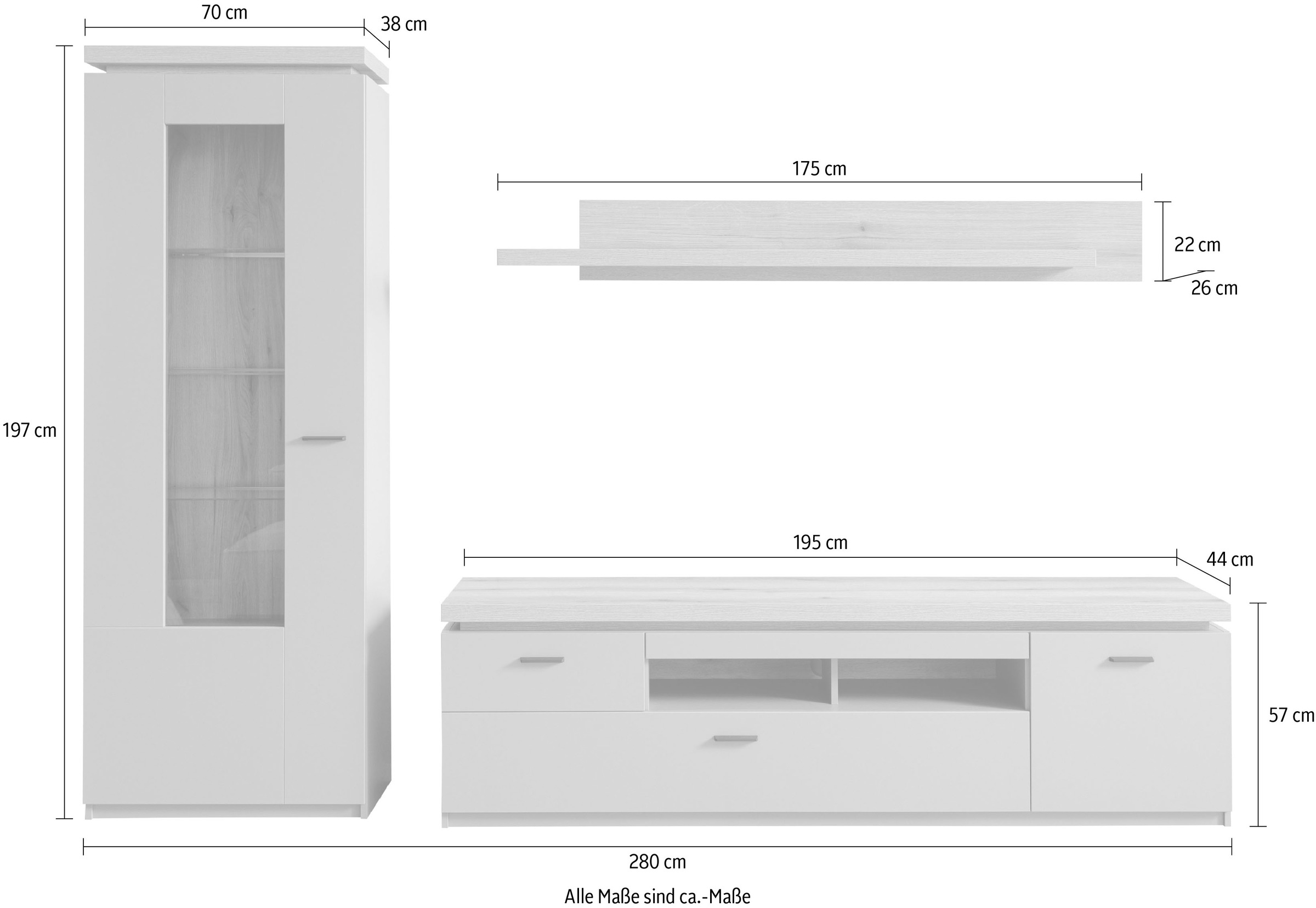 MCA furniture Wohnwand »MONIZ Wohnkomination 2«, (Komplett-Set, 3 St.), Türen/ Schubkästen gedämpft