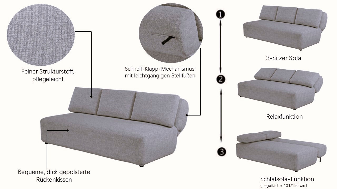 LeGer Home by Lena Gercke Schlafsofa »YLLIA 3-Sitzer (196 cm) mit verstellbarer Rückenlehne« Feiner Strukturbezug, Relax- und Bett-Funktion