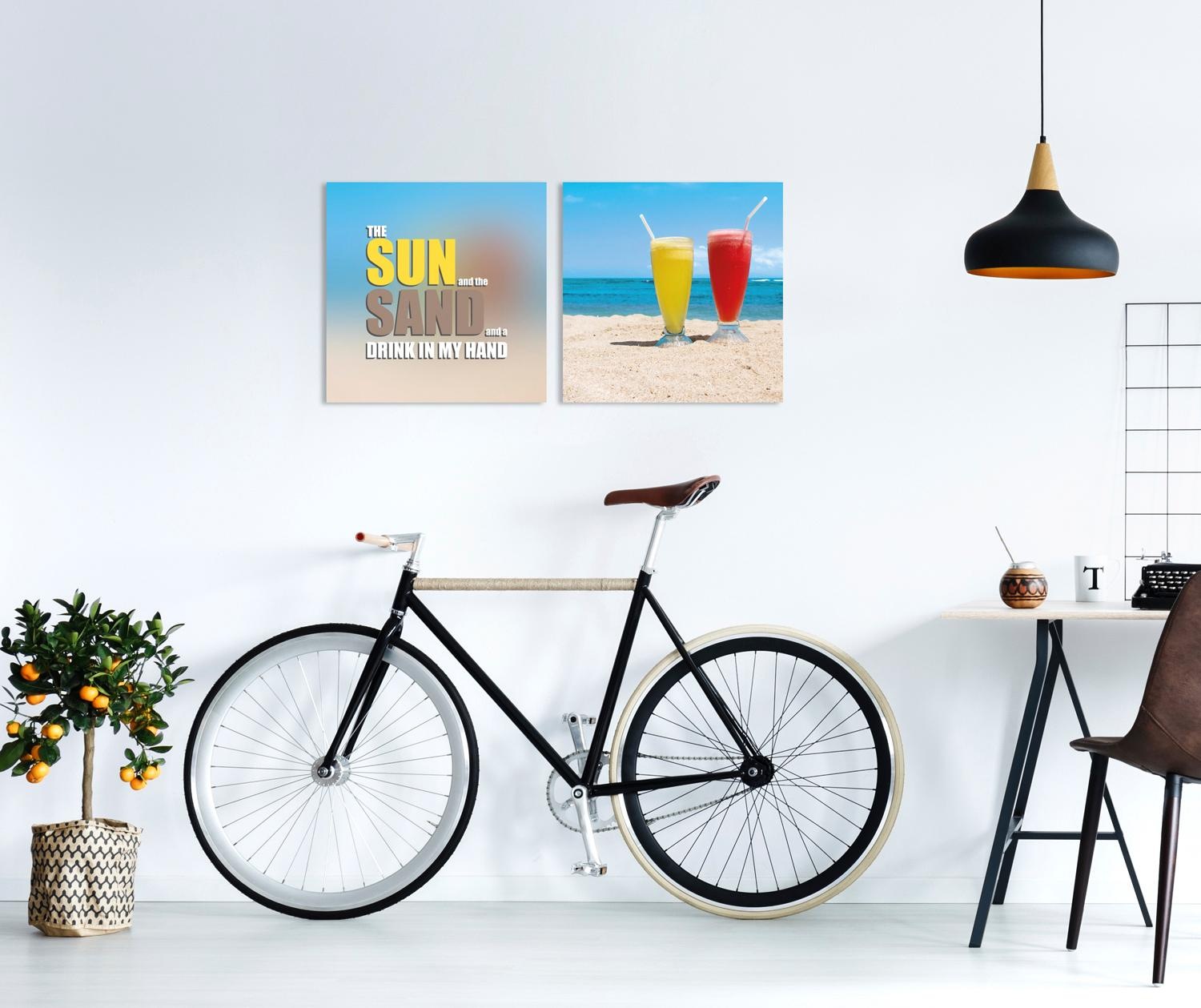 queence Leinwandbild »Drink in my Hand«, Getränke-Strand-Strandbilder-Meer-Meer Bilder-Kunst-Modern-Spa-Spa Bilder-Sprüche-Sprüche & Texte-Schriftzug-Schriftzüge, (Set), Premium-Leinwandstoff, Handarbeit aus Deutschland, Spruch, 2er Set