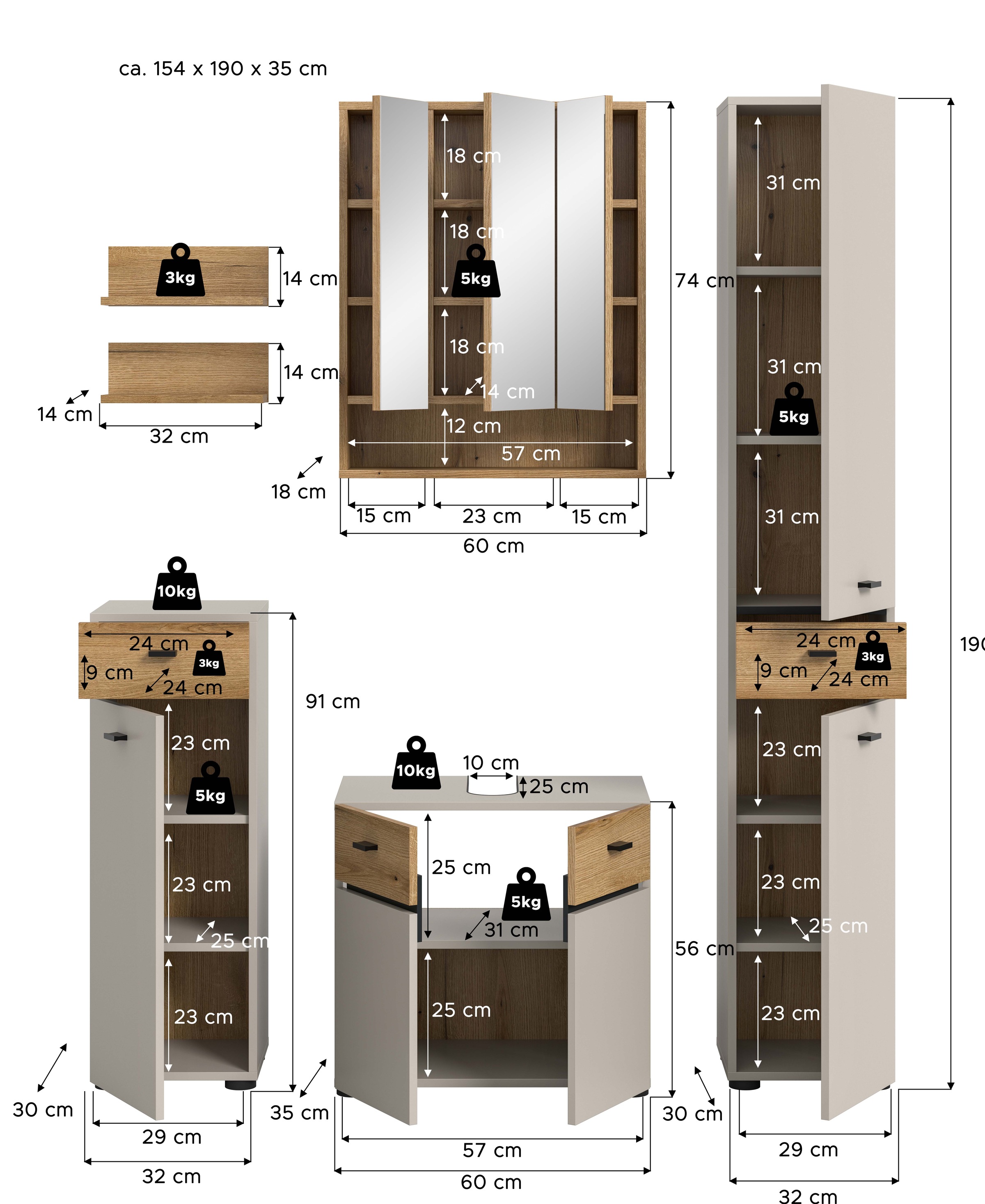 welltime Badmöbel-Set »VANN, 6-teilige moderne Badkombination, individuell stellbar« Midischrank, 2er Set Wandregal, WBU, Spiegelschrank, Hochschrank, 6 Stk. tlg.