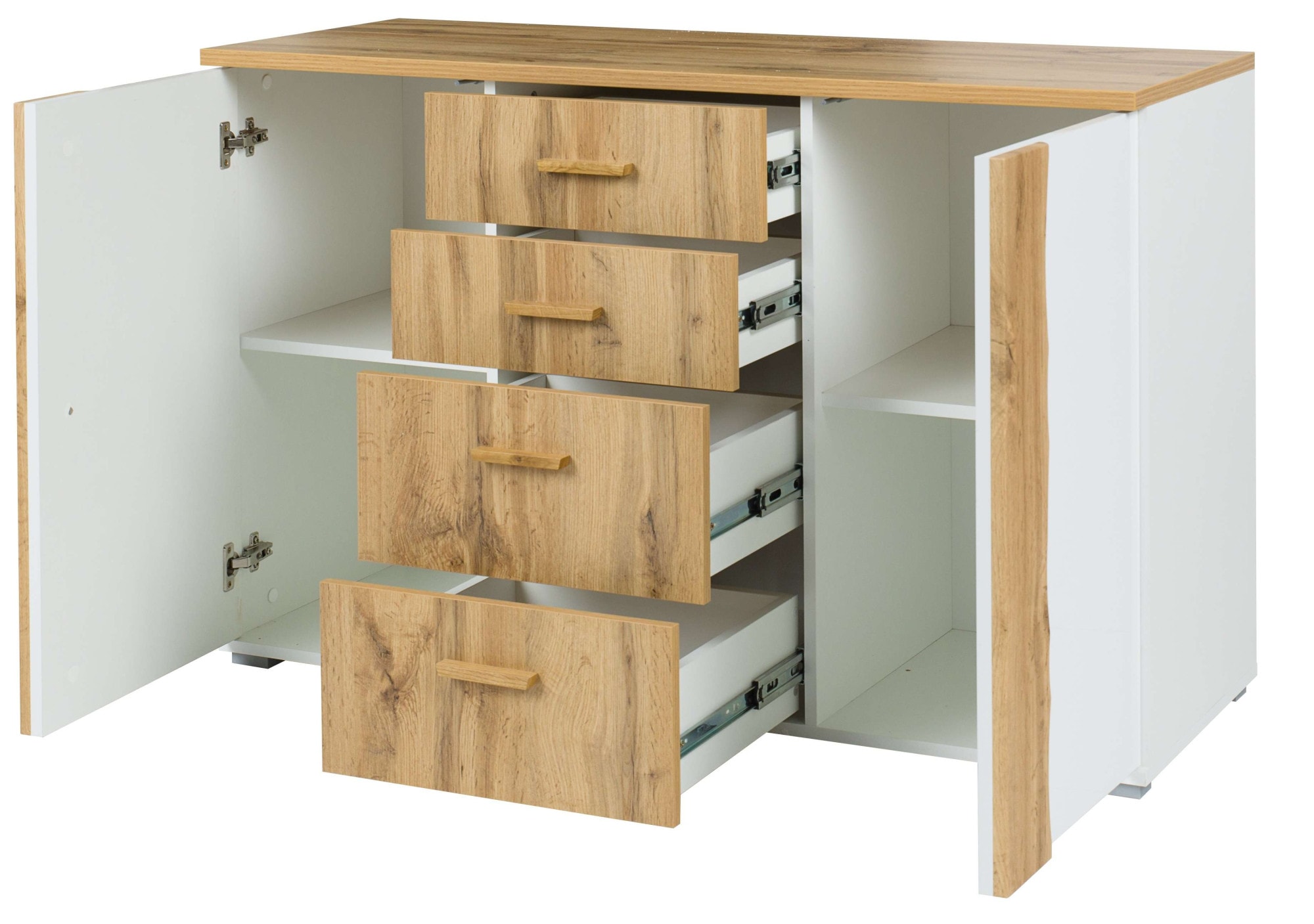 Home affaire Kommode »Kommode Fabella mit 4 Schubladen, 2 Einlegeböden, BxHxT 130x82x45 cm«, mit viel Stauraum, 2 Drehtüren