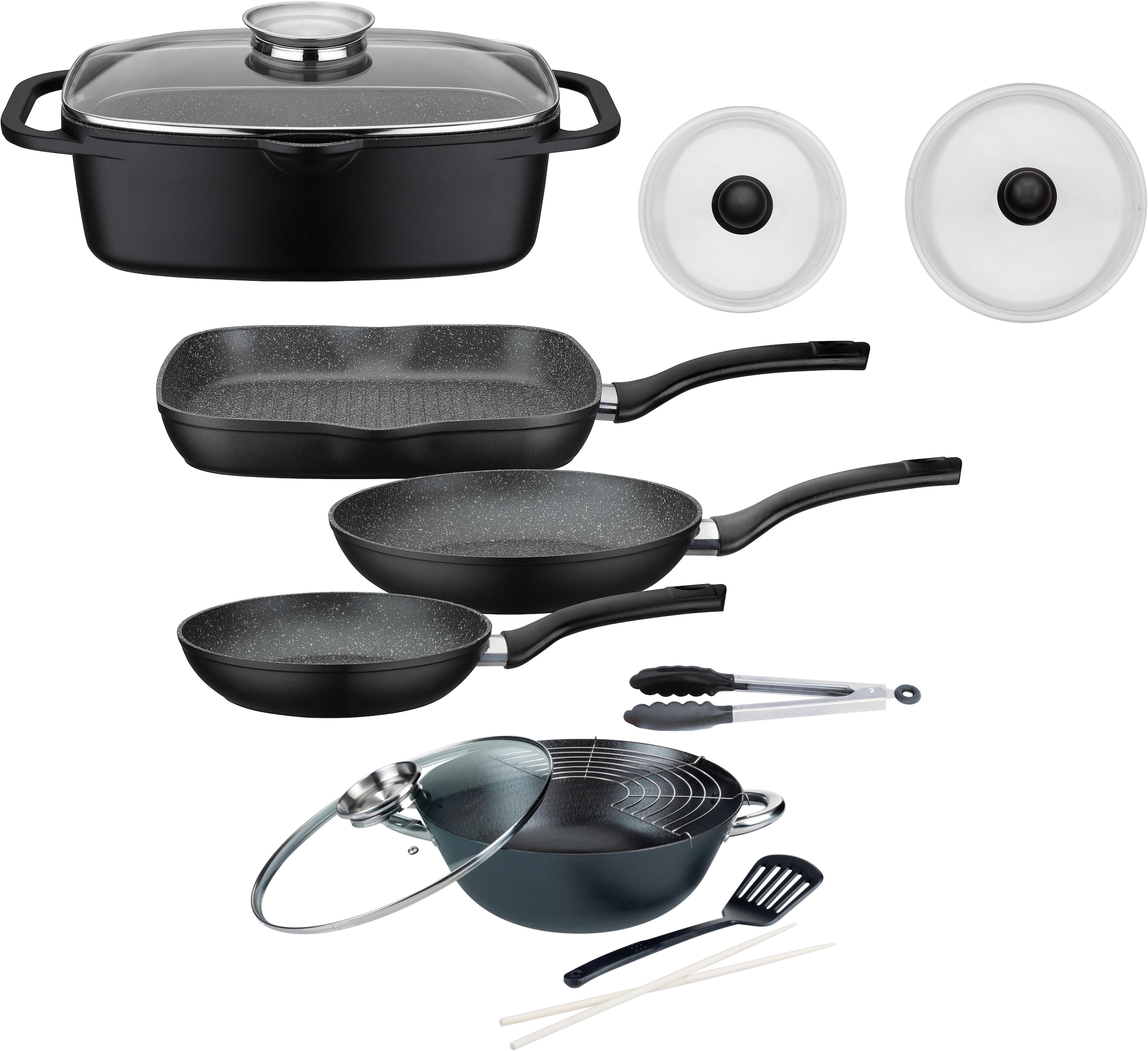 8 (Set, Topf-Set 1 (3-tlg. Induktion 3 GSW Pfannen-Set, 2 Küchenzange), Wok, 1 tlg., Aluminiumguss, Glasdeckel, mit XXL Jahren Garantie »Gourmet«, Bräter, 1