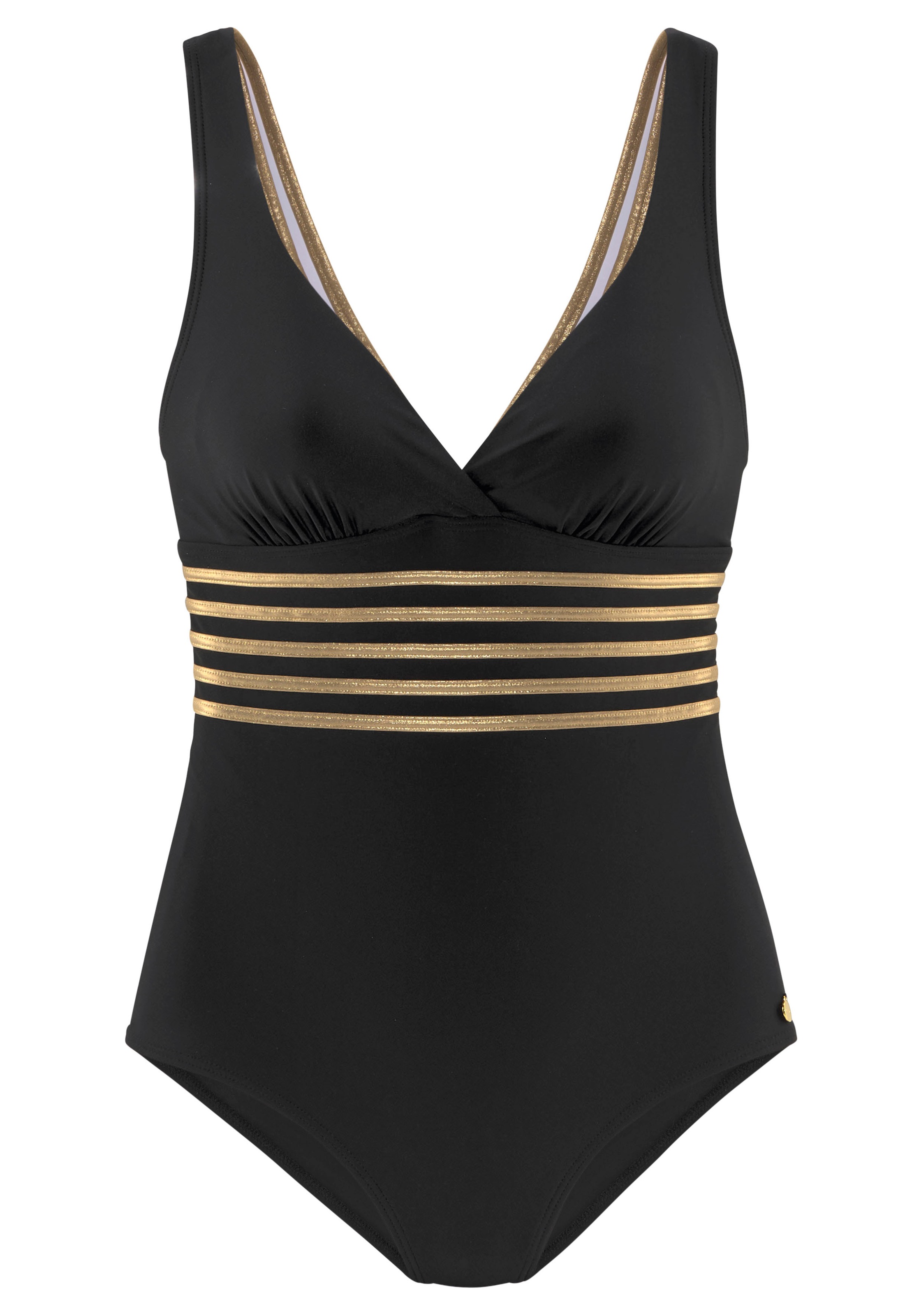 LASCANA, Damen, Badeanzug »Elodie« mit trendigem Materialeinsatz, schwarz-goldfarben, Cup C, 48 - Cup C, schwarz-goldfarben, Unifarbe mit goldfarbenen
