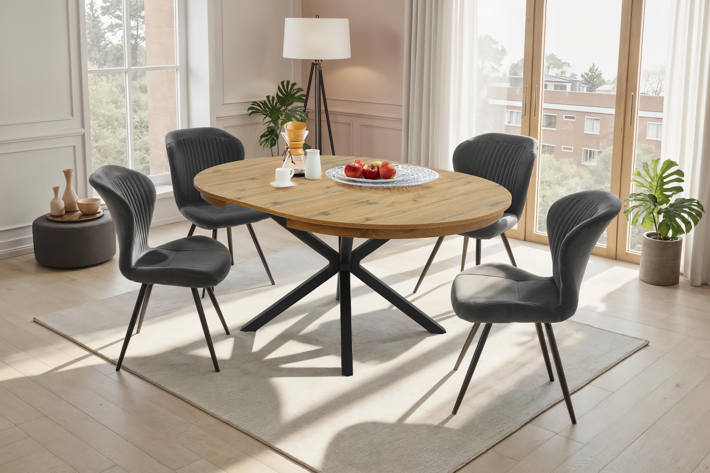 Jockenhöfer Gruppe Essgruppe »Olbia/Düren, Sitzgruppe (Set, 5-tlg., 1 Ausziehtisch und 4 Stühle)« 5 tlg. Tisch mit Butterflyauszug, 120-160 cm, Wildeiche
