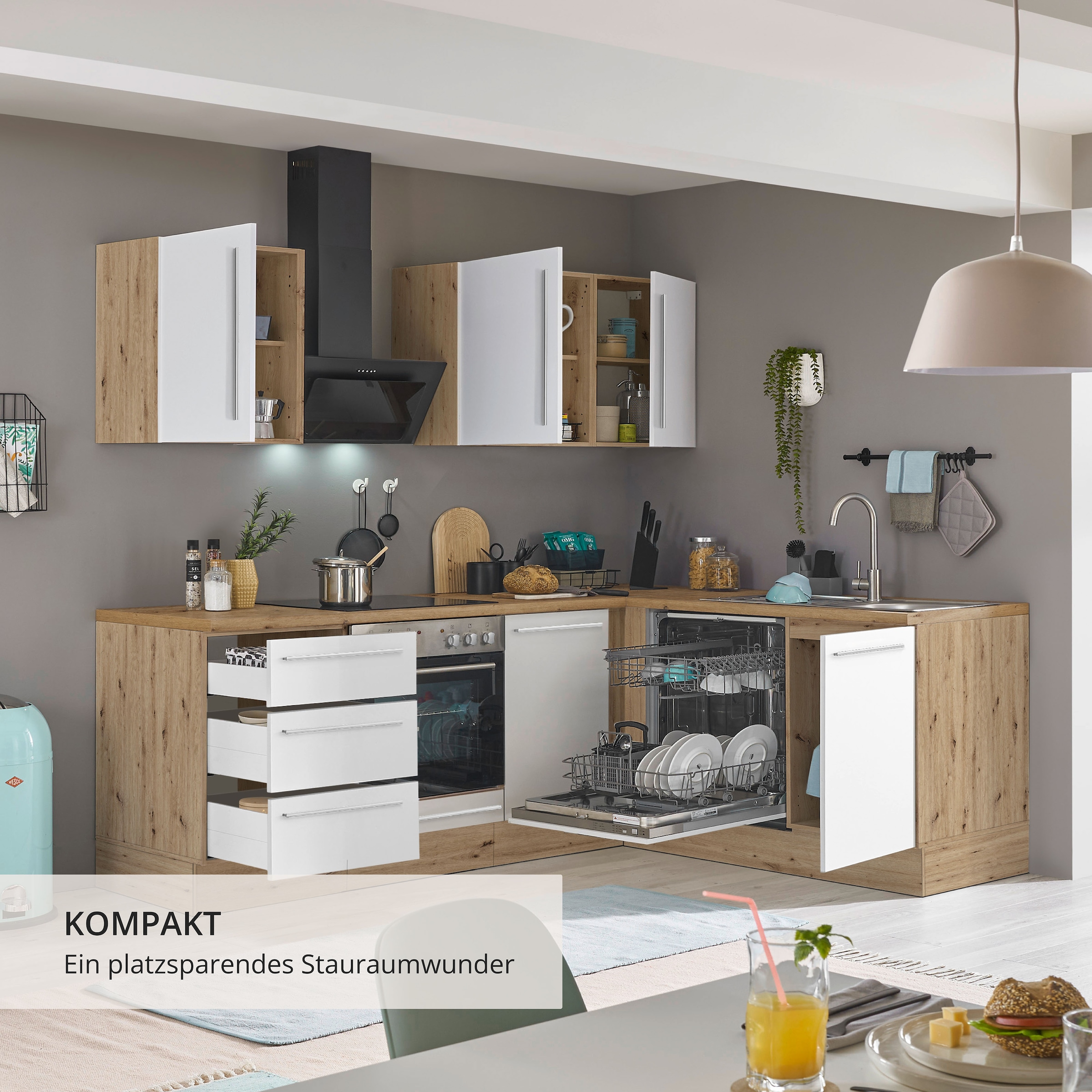 KOCHSTATION Winkelküche »Florida, Stellbreite 220x175 cm« wahlweise mit E-Geräten, mit Softclose für Türen und Schubkästen