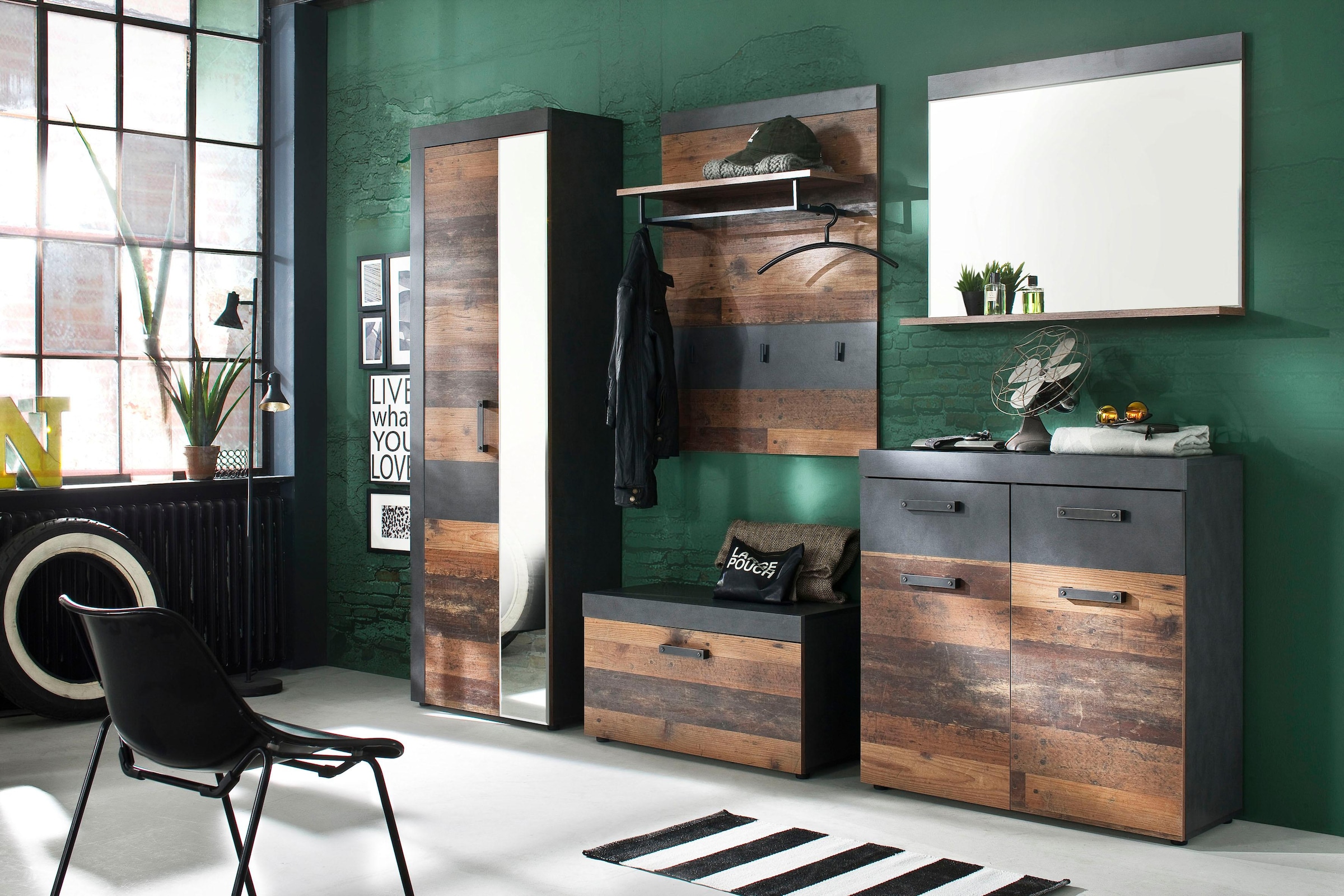 INOSIGN Garderobenpaneel »Ilana«, Wandpaneel im Industrial Style mit Haken, Kleiderstange und Hutablage