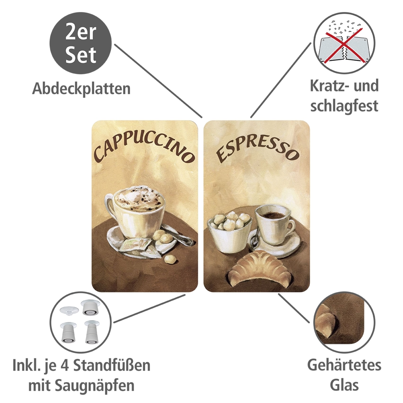 WENKO Herd-Abdeckplatte »Universal Modell Kaffee«, (Set, 2 tlg.), Herdabdeckung für alle Herdarten, kratzfest, mit rutschfesten Füßen