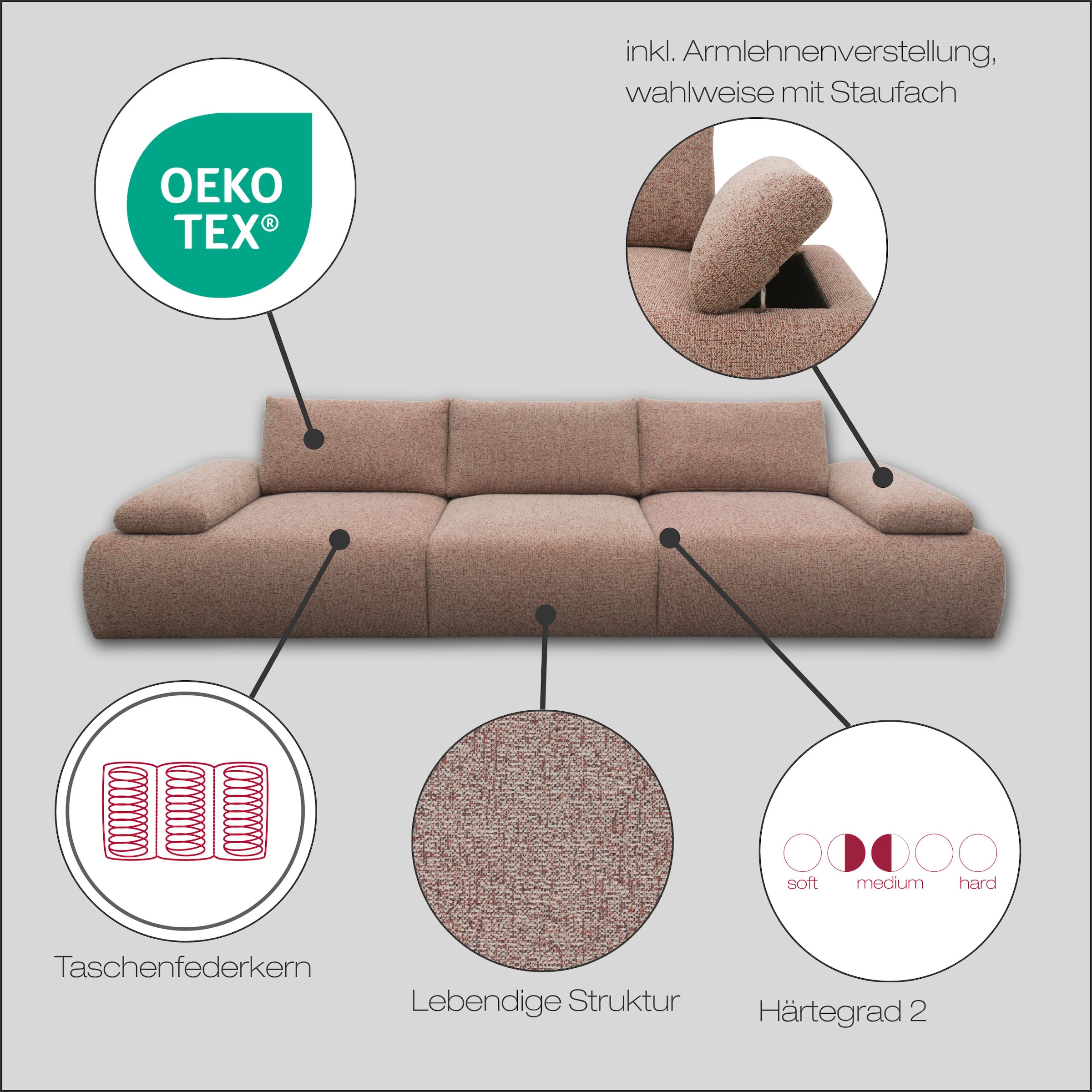 DOMO collection Big-Sofa »800016 Megasofa Breite 324cm, Federkern, inkl. Armlehnenverstellung«, (3 St.)