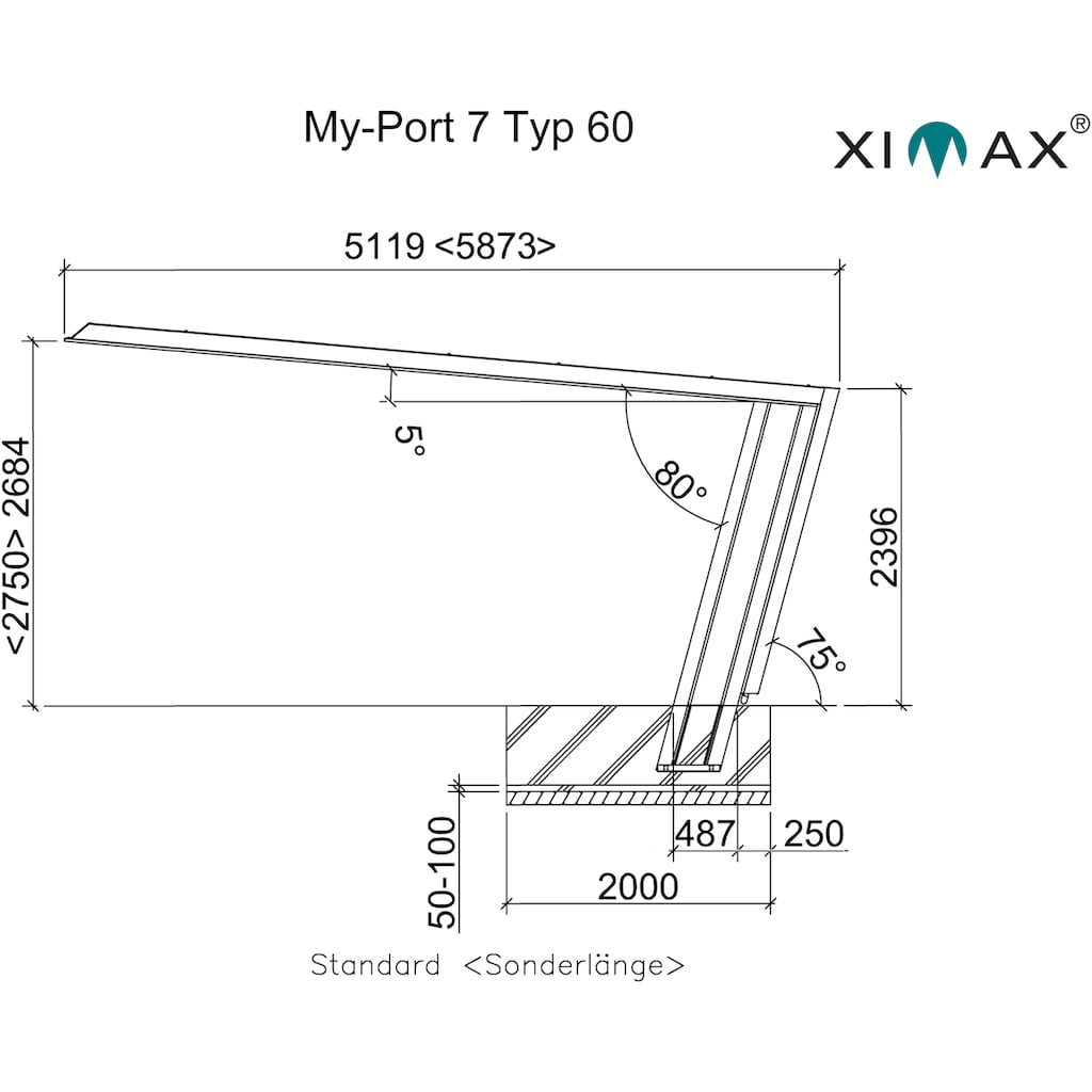 Ximax Einzelcarport »My-Port 7 Typ 3251 Typ 60 Standard-schwarz/silber«, Aluminium, 259 cm, schwarz-silber