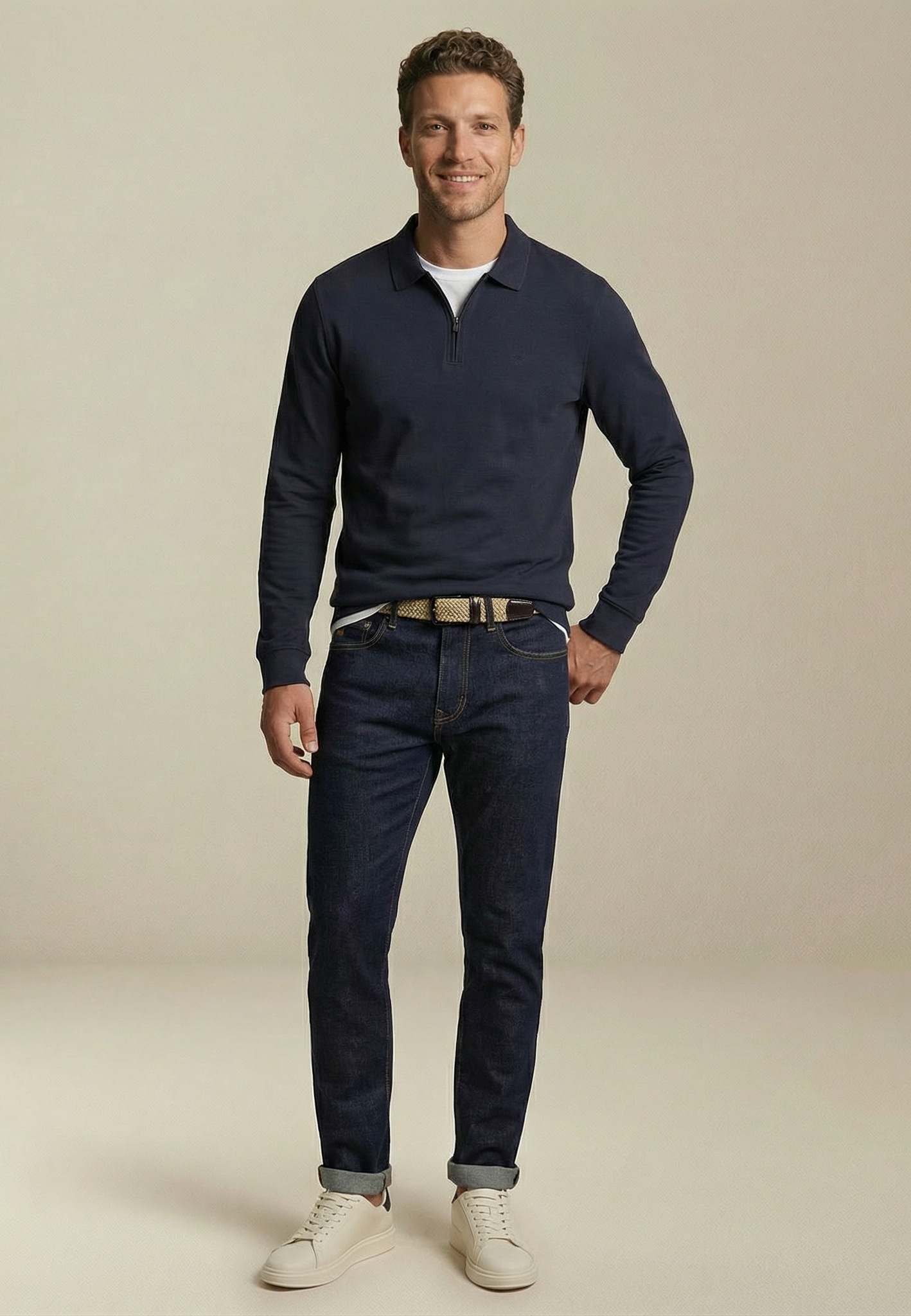 FYNCH-HATTON Langarmshirt normale Passform, mit Zipper, mit Hemdkragen, hüftbedeckende Länge