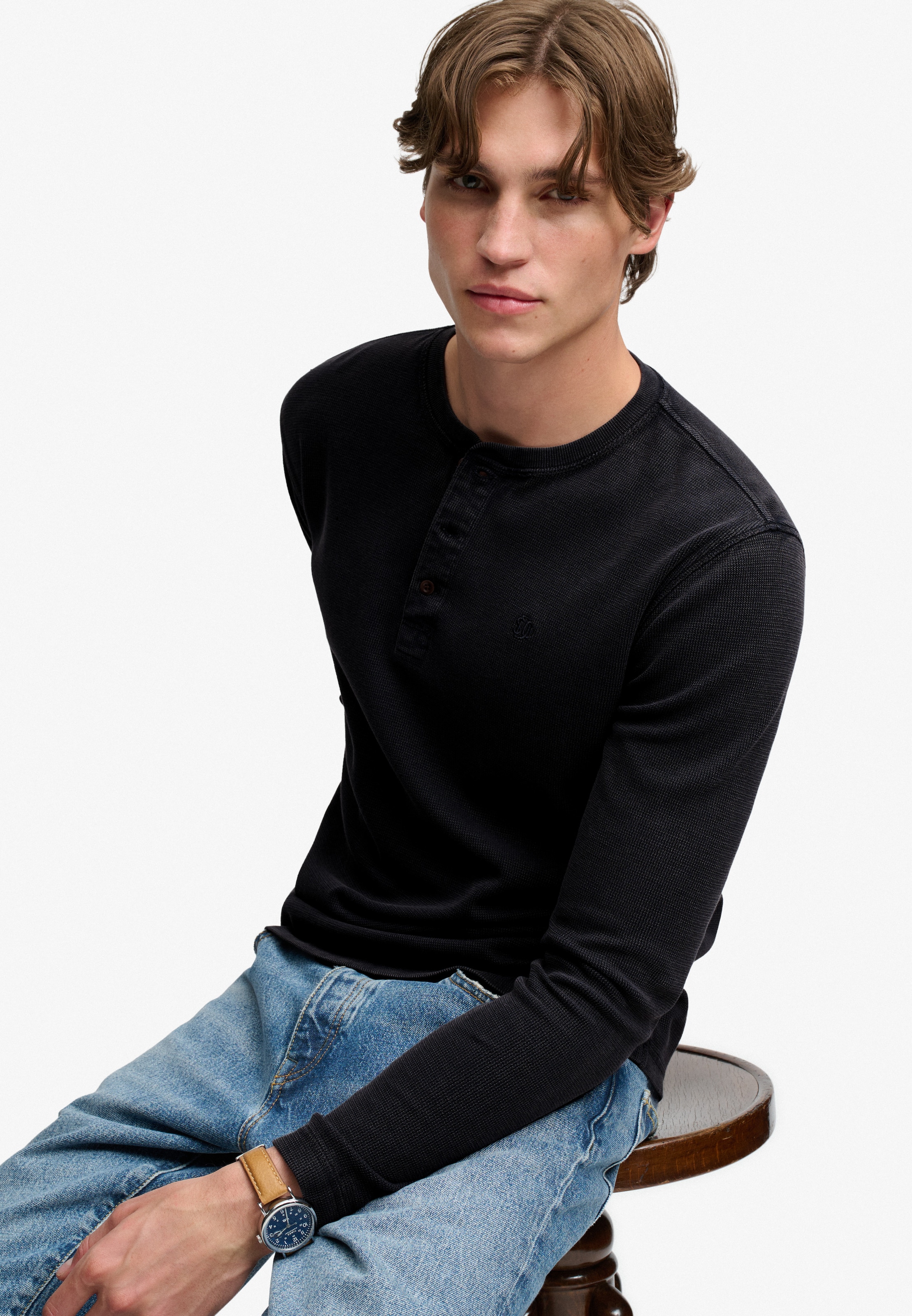 Superdry Langarmshirt »WAFFLE LONG SLEEVE HENLEY TOP« Baumwolle, relaxed fit