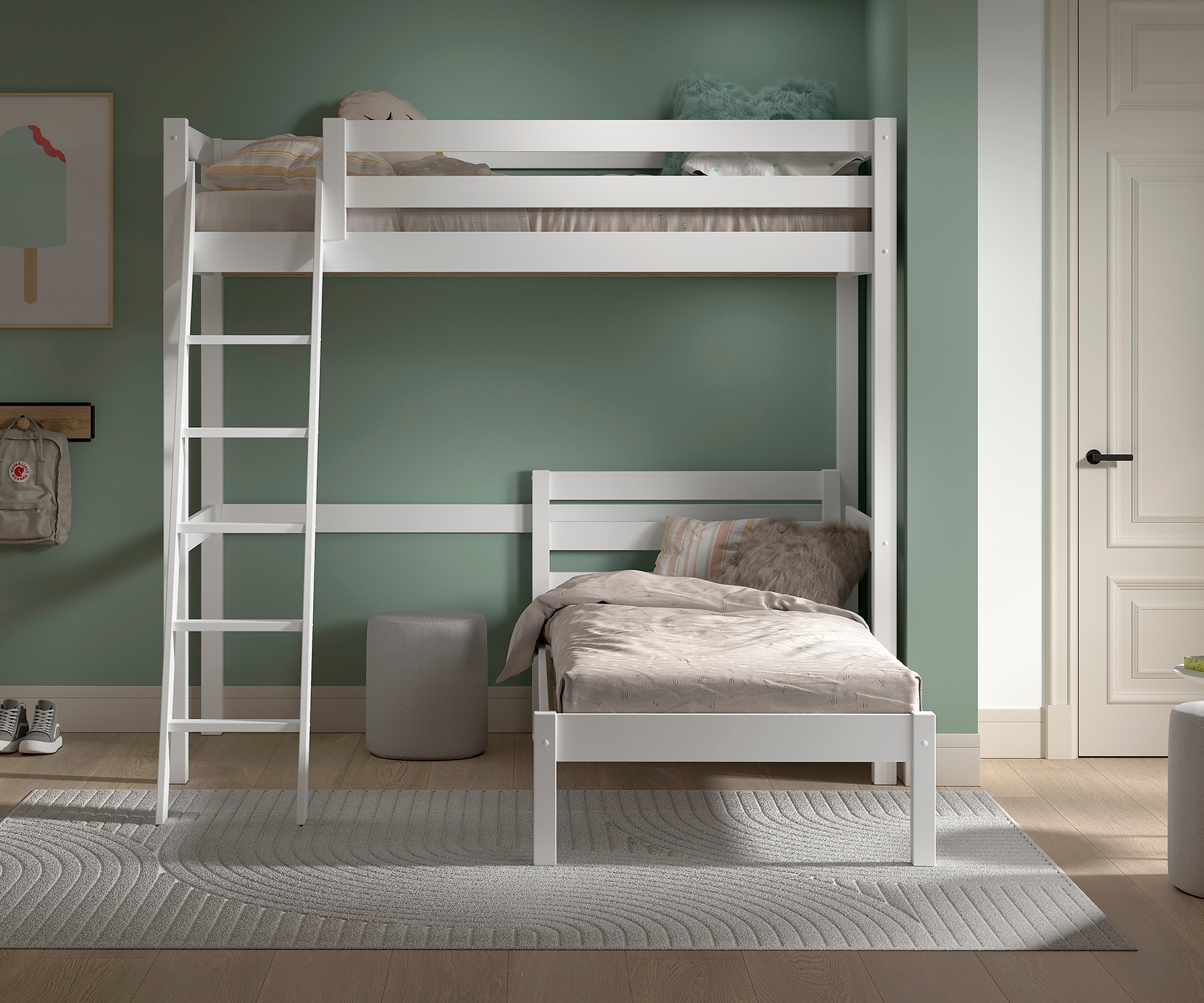 Vipack Hochbett »mit 2 Liegeflächen 90/200 Made in Europe, Kiefer massiv weiß lackiert« (B/H/T ca.209x190x211cm) Leiter schräg angestellt, stabil gebaut,  Raum unter dem Bett kann genutzt werden, Einzelbett separt stellbar