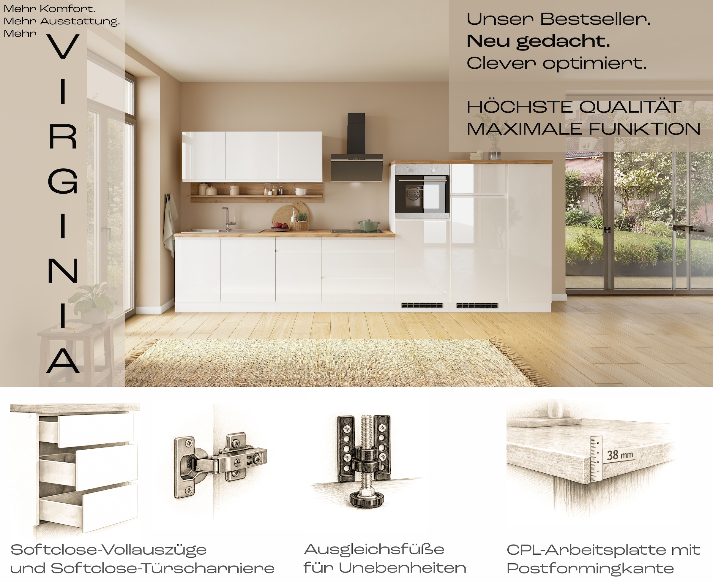 KOCHSTATION Apothekerschrank »KS-Virginia,neu in verbesserter Ausführung« Stauraum, Softclose,  Breite 30 cm, Höhe 200 cm, 2 Auszüge, Soft-Close-Funktion