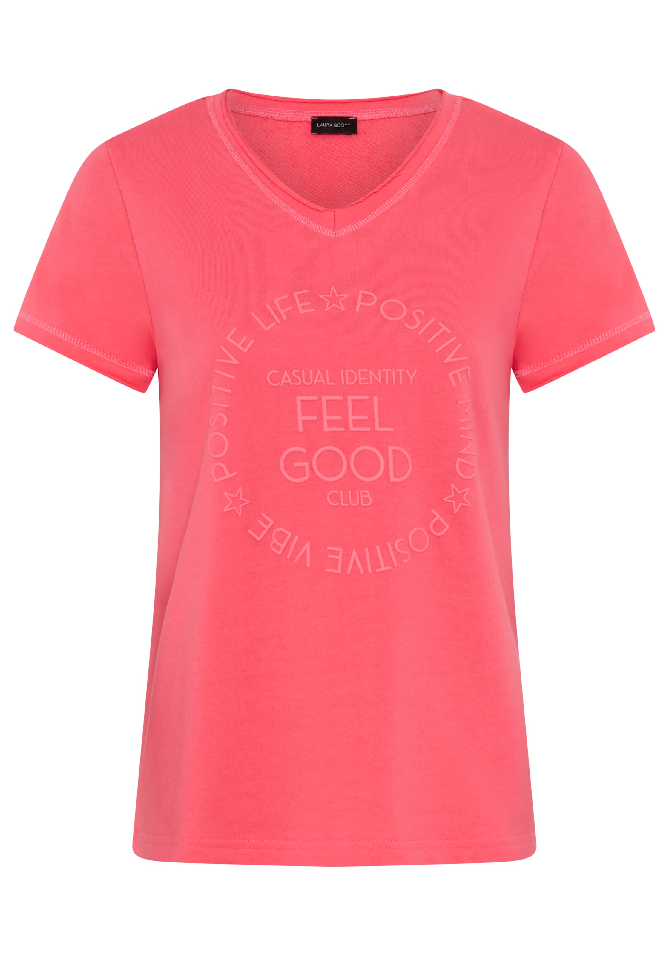 Laura Scott T-Shirt mit V-Ausschnitt und geschnittener Kante, erhabener Frontprint
