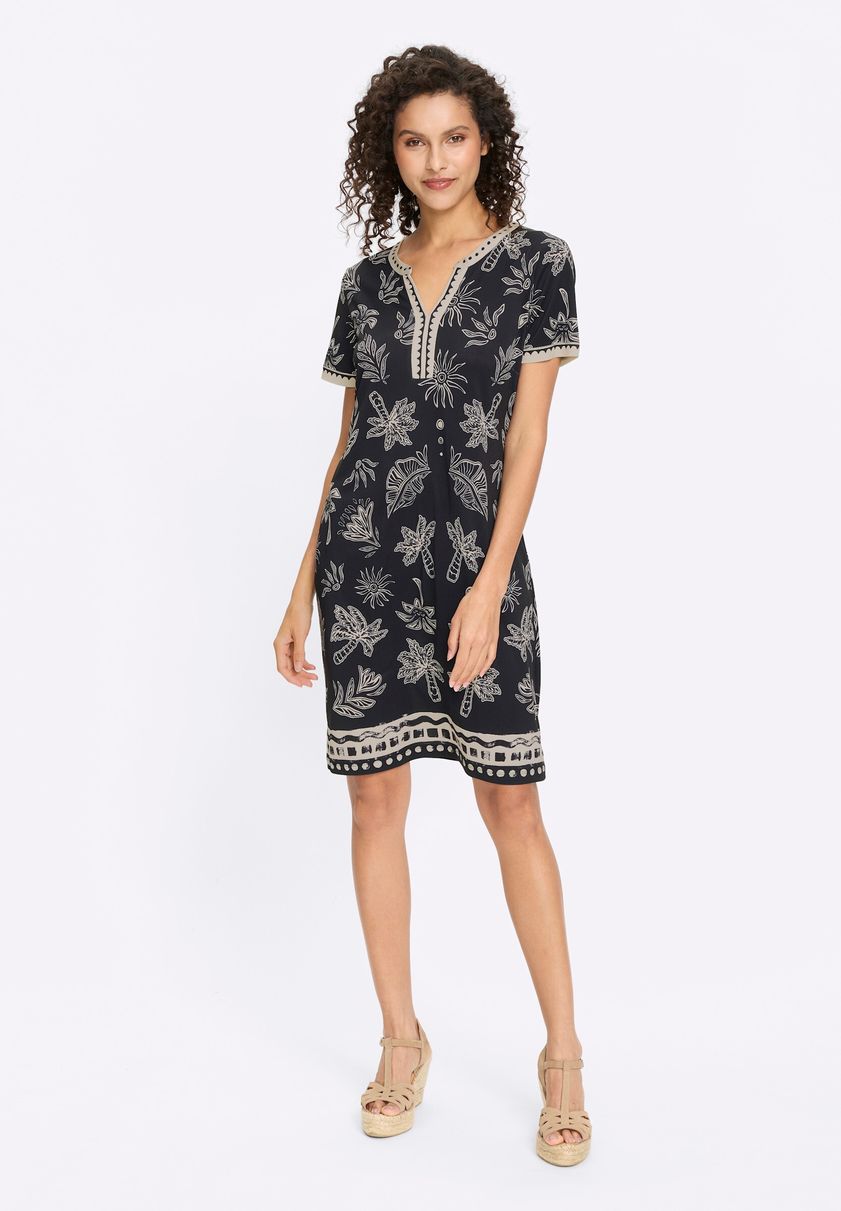 heine Sommerkleid »Jersey-Kleid Jerseykleid mit Palmen-Print« Nahttasche