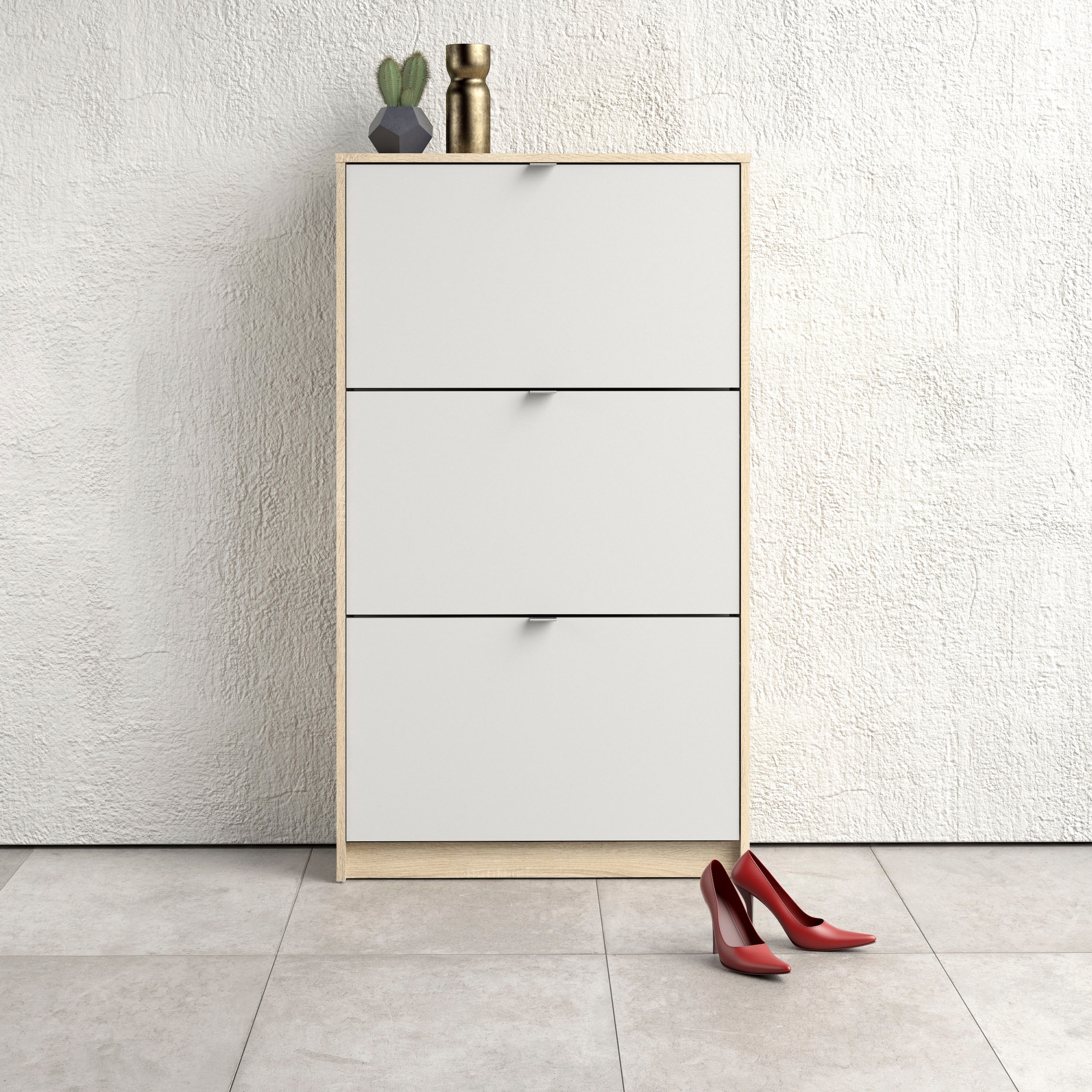 Shoes Shoe cabinet  with 3 tilting doors and 2 layers Oak structure White, none