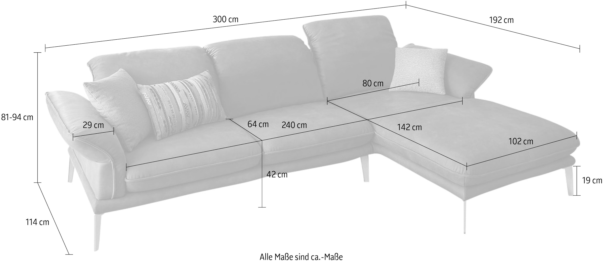 W.SCHILLIG Ecksofa »sherry, Designsofa mit tollem Sitzkomfort, bequem, L-Form«, mit Kopfstützenverstellung, Winkelfüße in Schwarz, Breite 300 cm