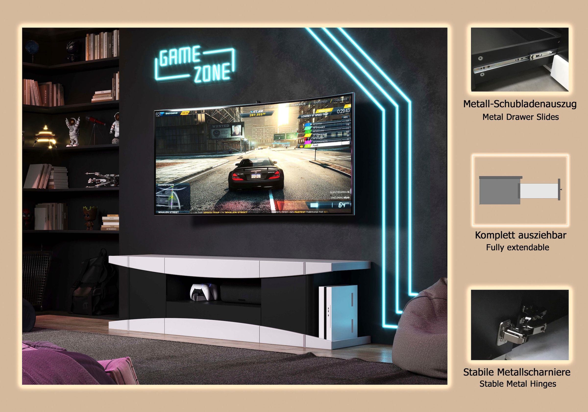 INOSIGN Lowboard »NextLevel speziell geeignet für Spielekonsolen«